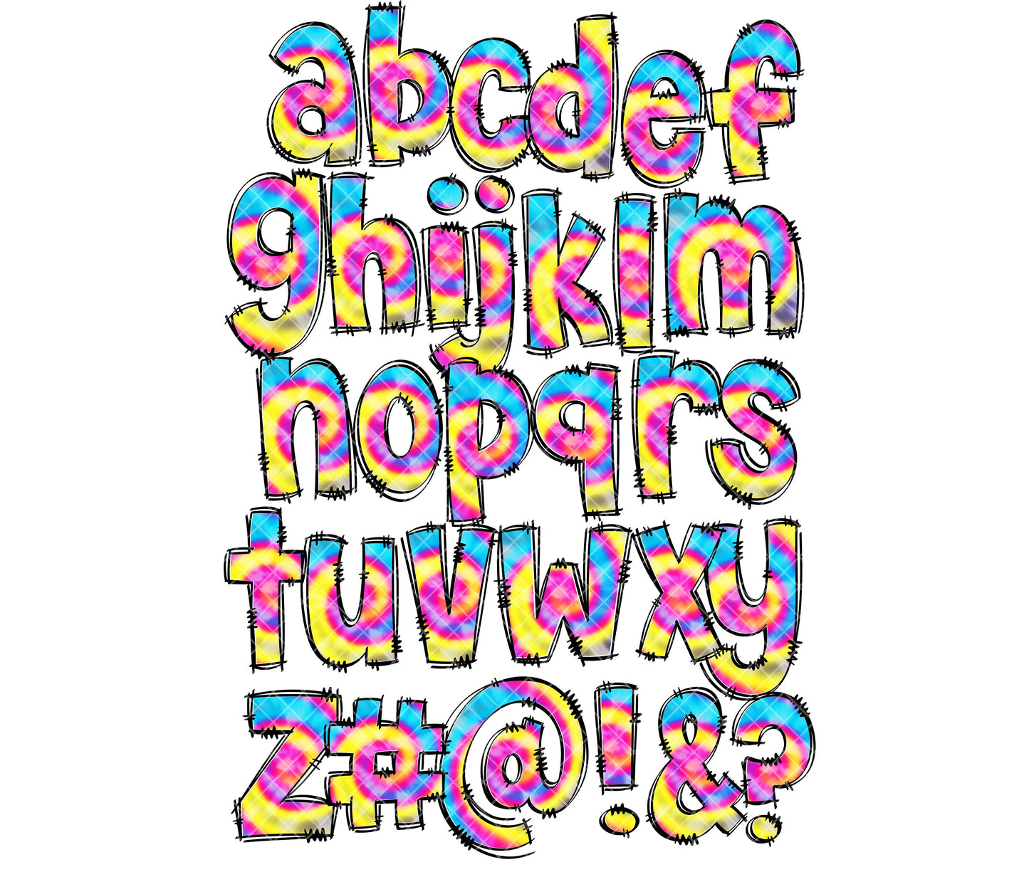 Tie Dye Doodle letters, Rainbow Bright Hand Drawn Doodle Alpha Bundle, Sublimation Font PNG, Patterned Numbers & Alphabet,