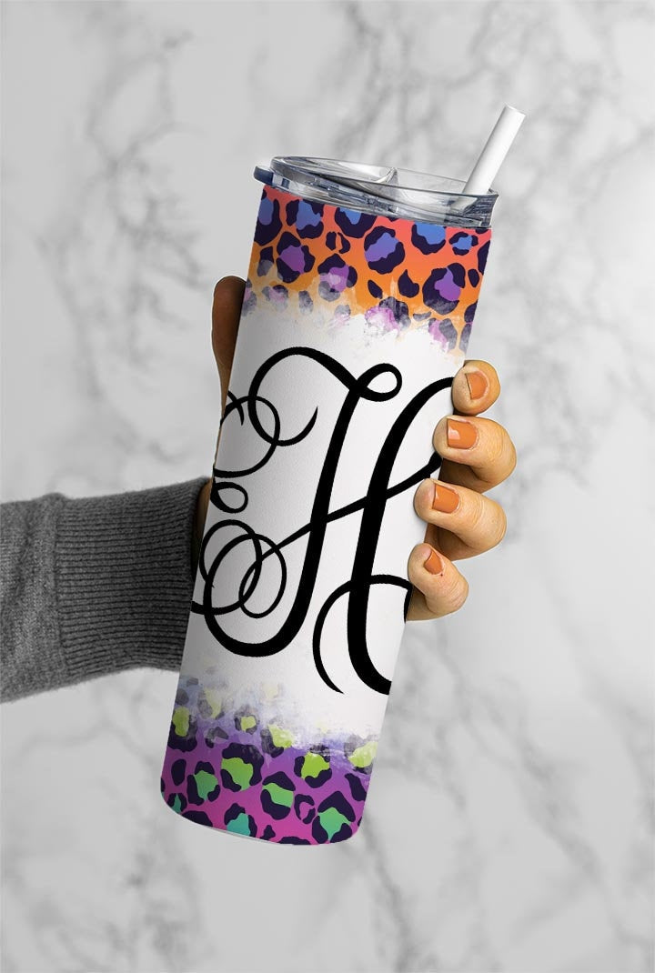 EDITABLE Rainbow Cheetah Monogram 20oz Straight Tumbler Wrap Designs, Make Your Own Custom Peronalized Design, Easy Canva Tempalte