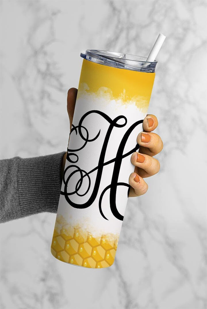 EDITABLE Bee Honeycomb Monogram 20oz Straight Tumbler Wrap Designs, Make Your Own Custom Peronalized Design, Easy Canva Tempalte