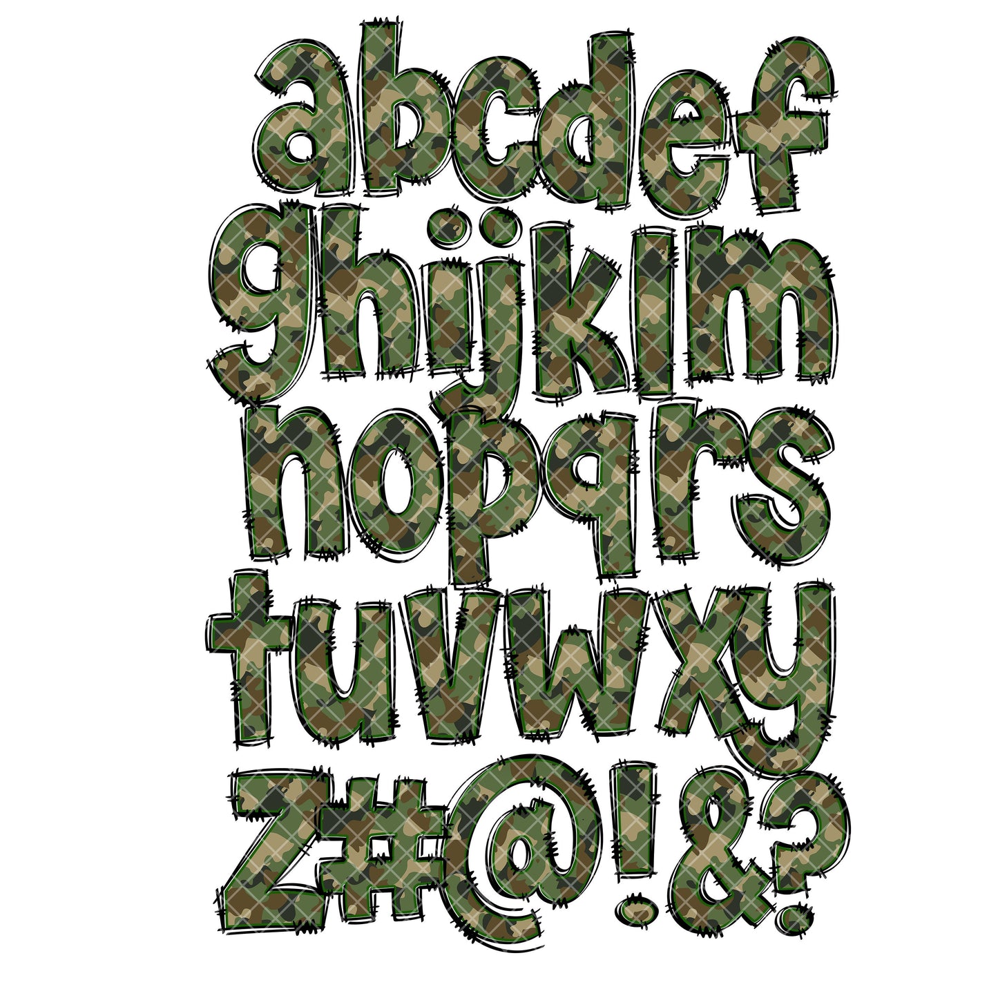 Camo Doodle Alphabet Letters PNG Bundle, Military Camouflage, Army Letters, Design Hand Drawn Doodle, Sublimation Alpha Set Designs PNG