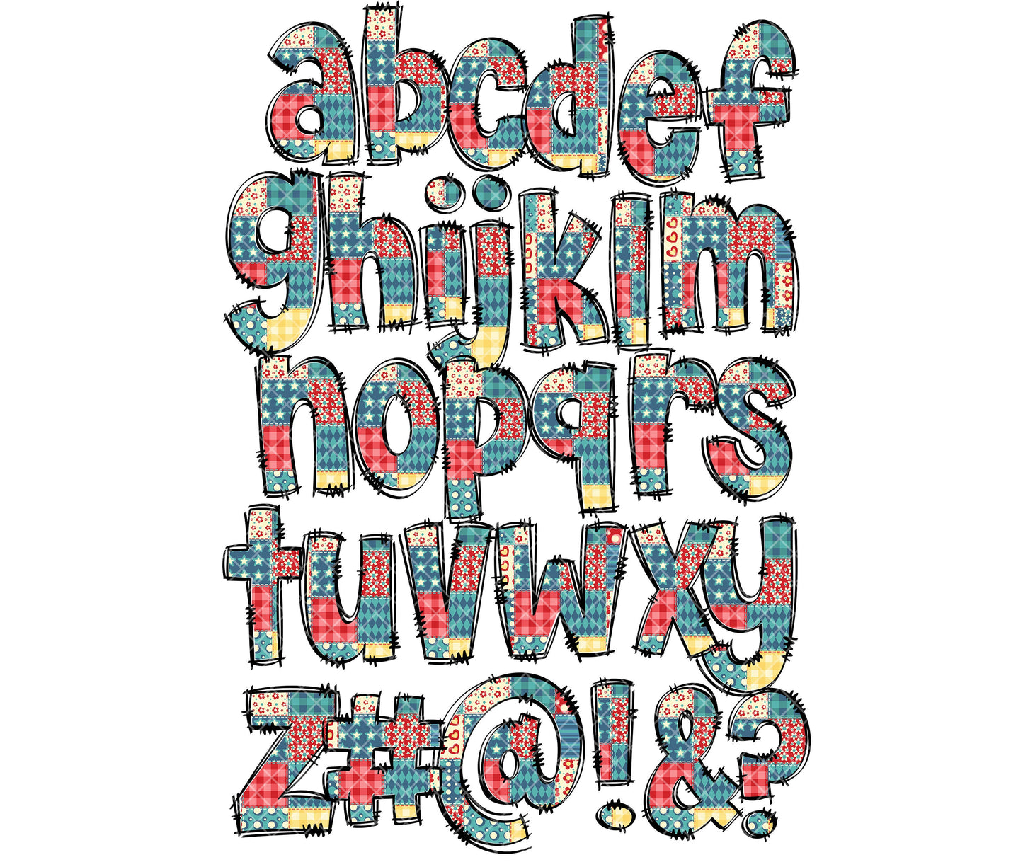 Patchwork Doodle Letters PNG Bundle, Quilt Rustic Bright Hand Drawn Alphabet Doodle, Sublimation Alpha Set Designs PNG