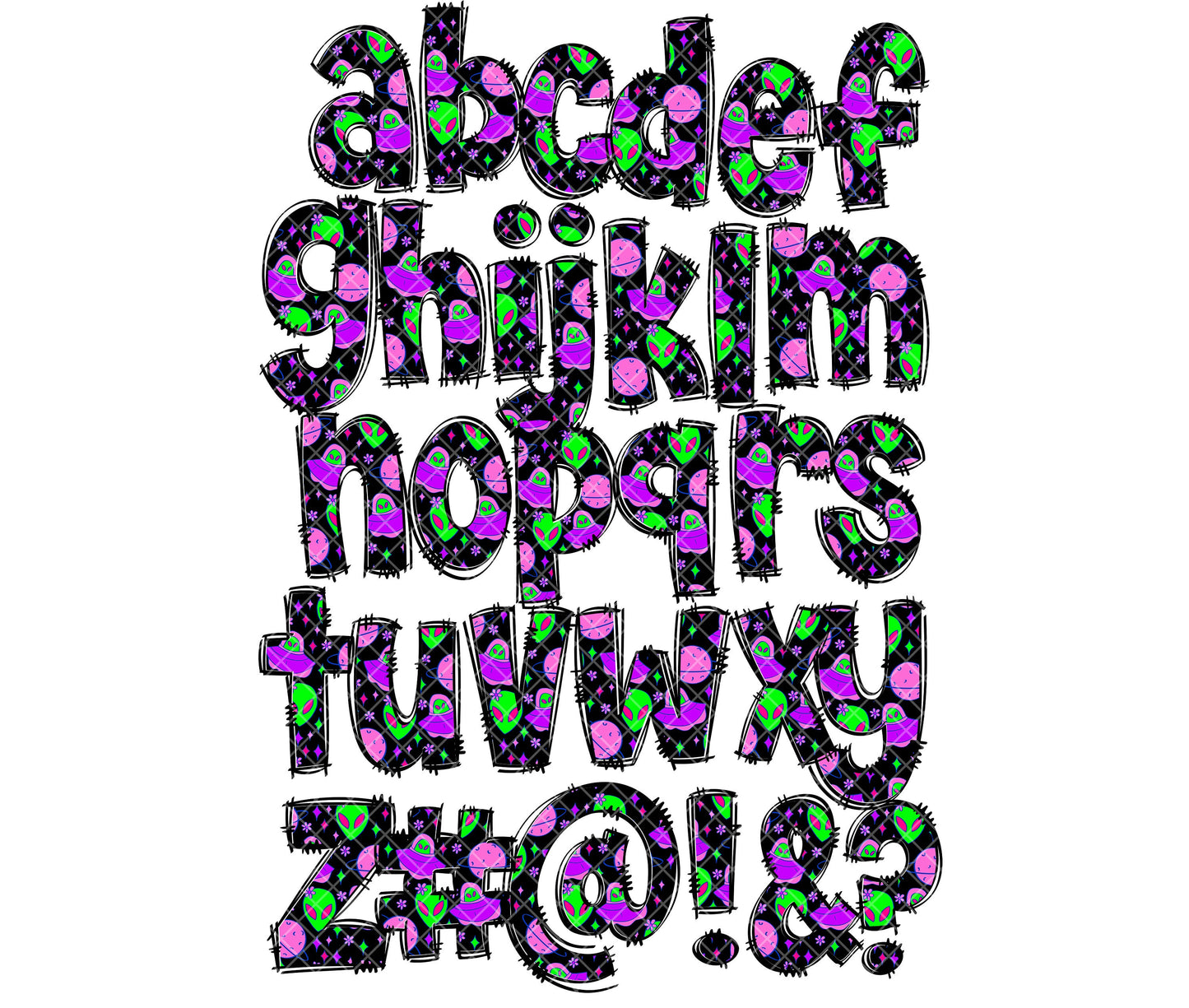 Alien Retro Neon Doodle letters, Hand Drawn Doodle Alpha Bundle, Sublimation Font PNG, Patterned Numbers & Alphabet,