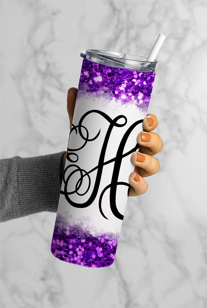 EDITABLE Purple Glitter Monogram 20oz Straight Tumbler Wrap Designs, Make Your Own Custom Peronalized Design, Easy Canva Tempalte