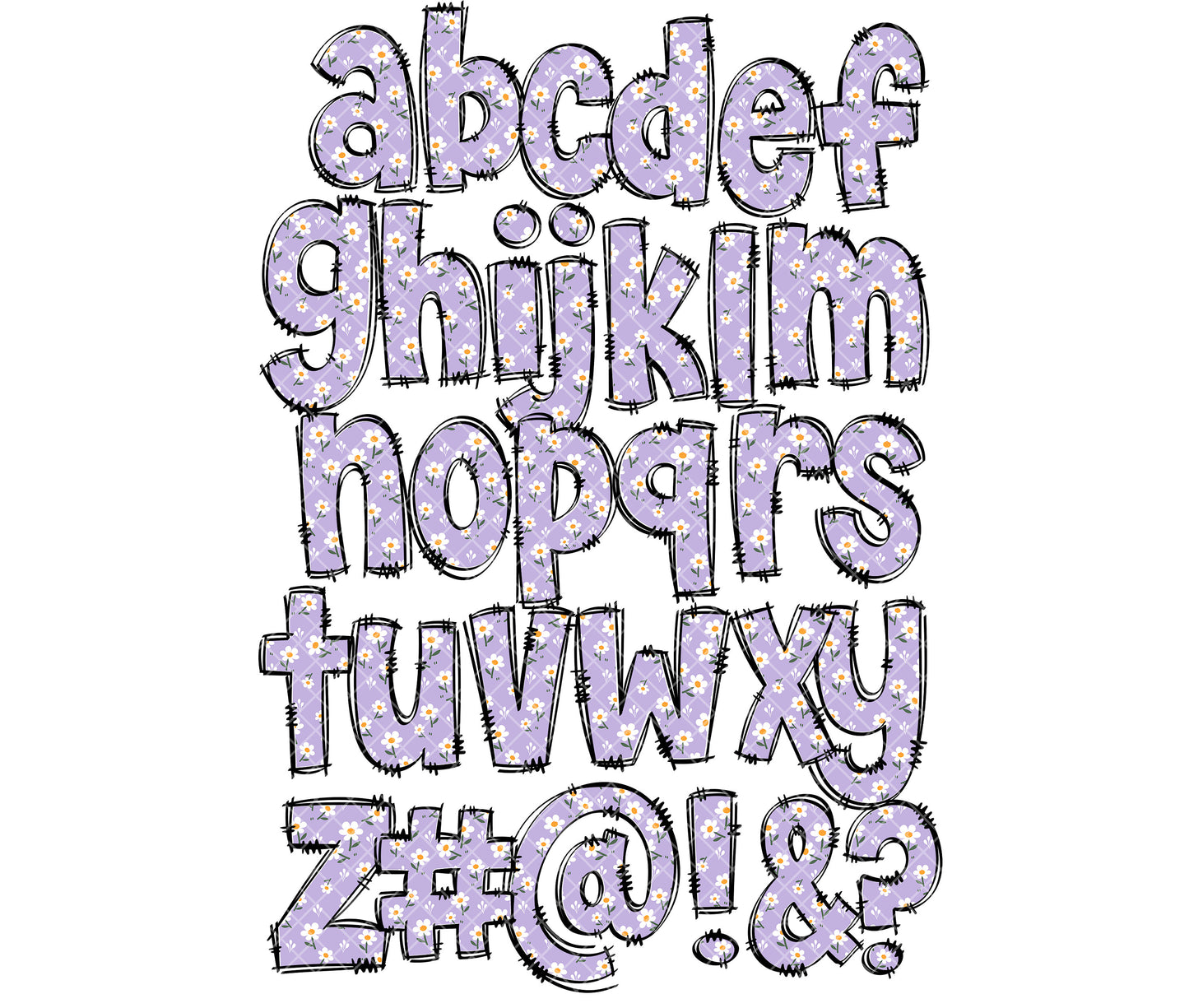 Purple Daisy Doodle Letters PNG Bundle, Purple Flower Floral Bright Hand Drawn Alphabet Doodle, Sublimation Alpha Set Designs PNG