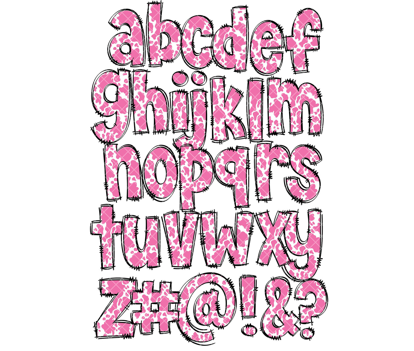 Pink Cow Strawberry Cow Print Doodle letters, Hand Drawn Doodle Alpha Bundle, Sublimation Font PNG, Patterned Numbers & Alphabet, 67 PATTERN