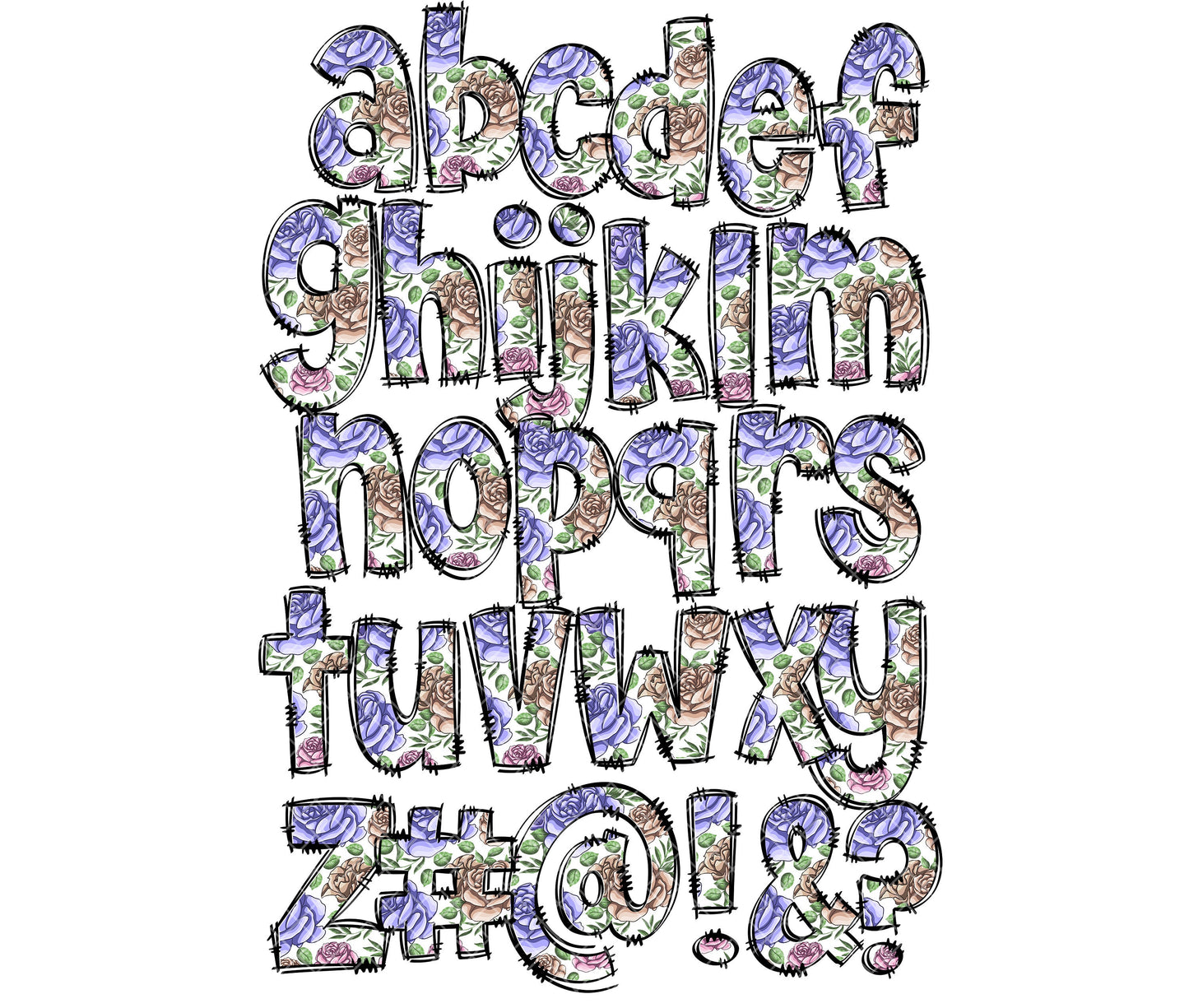 Purple Flowers Hand Drawn Doodle letters, Hand Drawn Doodle Alpha Bundle, Sublimation Font PNG, Patterned Numbers & Alphabet,