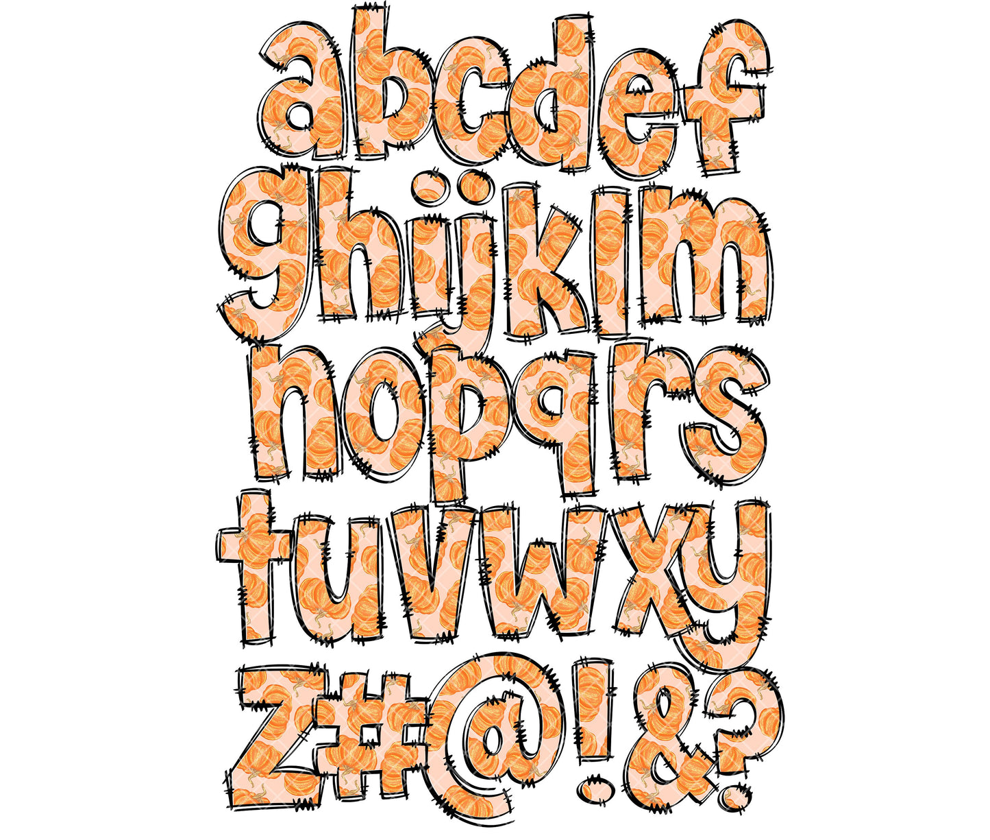 Pumpkins Doodle letters, Hand Drawn Doodle Alpha Bundle, Sublimation Font PNG, Patterned Numbers & Alphabet,