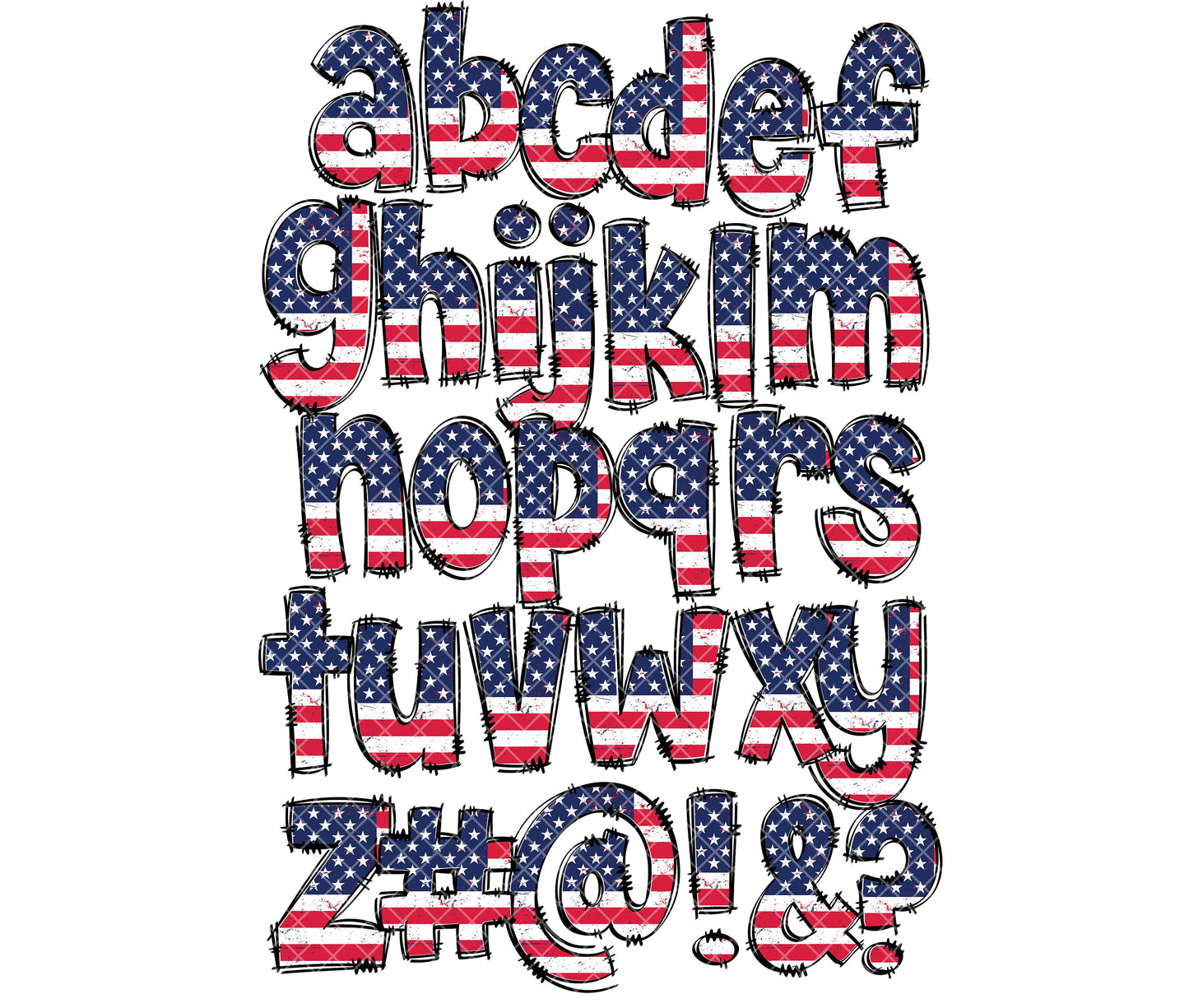 USA Alphabet Letters PNG Bundle, Patriotic American Flag Doodle Letters, Hand Drawn Alphabet Doodle, Sublimation Alpha Set Designs PNG