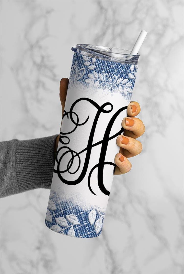 EDITABLE Denim Lace Monogram 20oz Straight Tumbler Wrap Designs, Make Your Own Custom Peronalized Design, Easy Canva Tempalte