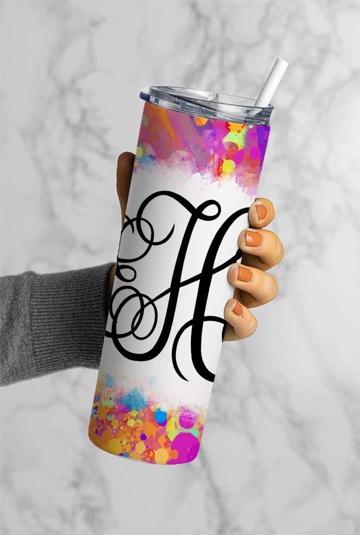 EDITABLE Rainbow Splatter Monogram 20oz Straight Tumbler Wrap Designs, Make Your Own Custom Peronalized Design, Easy Canva Tempalte