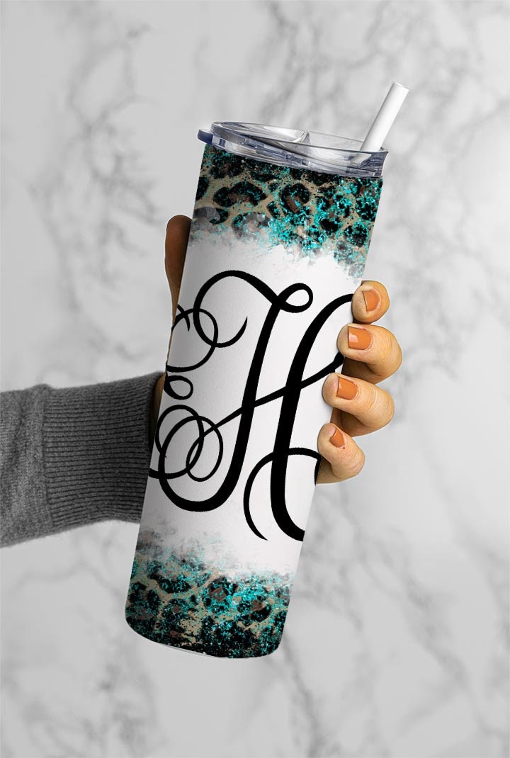 EDITABLE Cheetah Teal Monogram 20oz Straight Tumbler Wrap Designs, Make Your Own Custom Peronalized Design, Western Easy Canva Tempalte