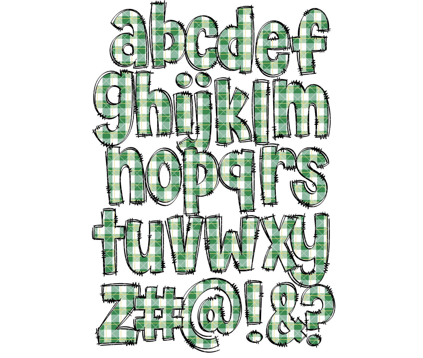 Gingham Green Doodle letters, Plaid Hand Drawn Doodle Alpha Bundle, Sublimation Font PNG, Patterned Numbers & Alphabet,