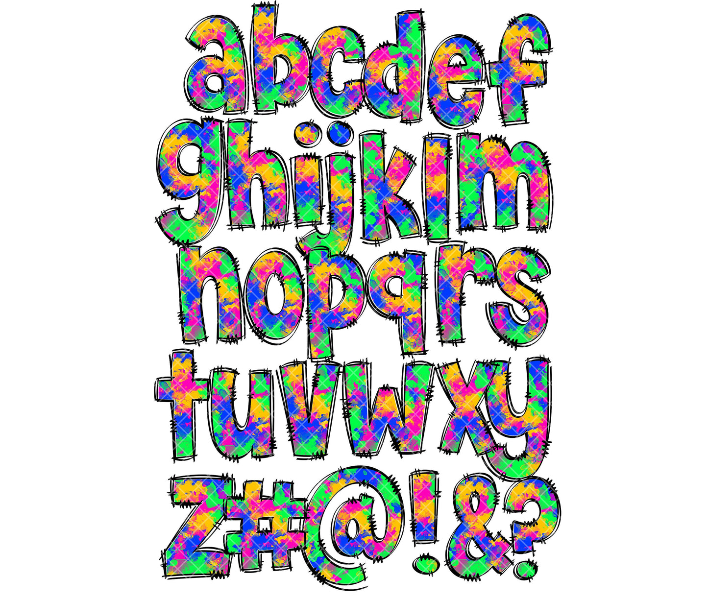 Bright Neon Rainbow Doodle letters, Hand Drawn Doodle Alpha Bundle, Sublimation Font PNG, Patterned Numbers & Alphabet, 64 PATTERN