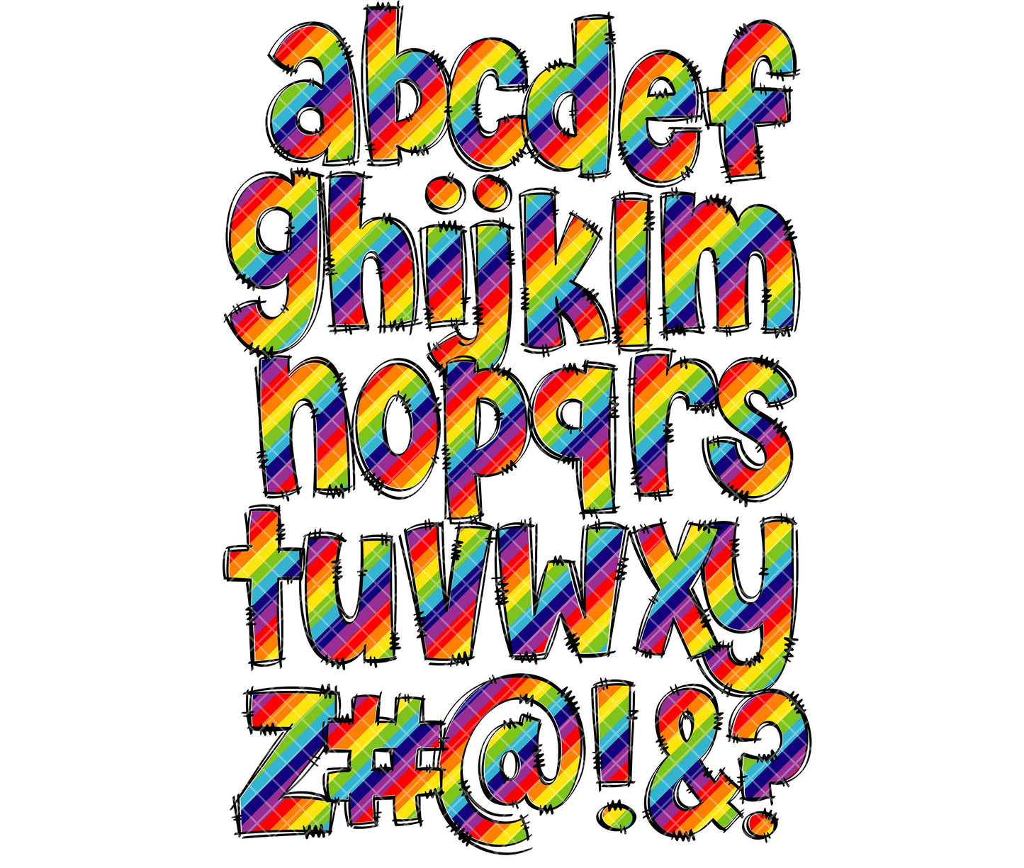 Rainbow Alphabet Letters PNG Bundle, Rainbow Colourful Bright Hand Drawn Alphabet Doodle, Sublimation Alpha Set Designs PNG