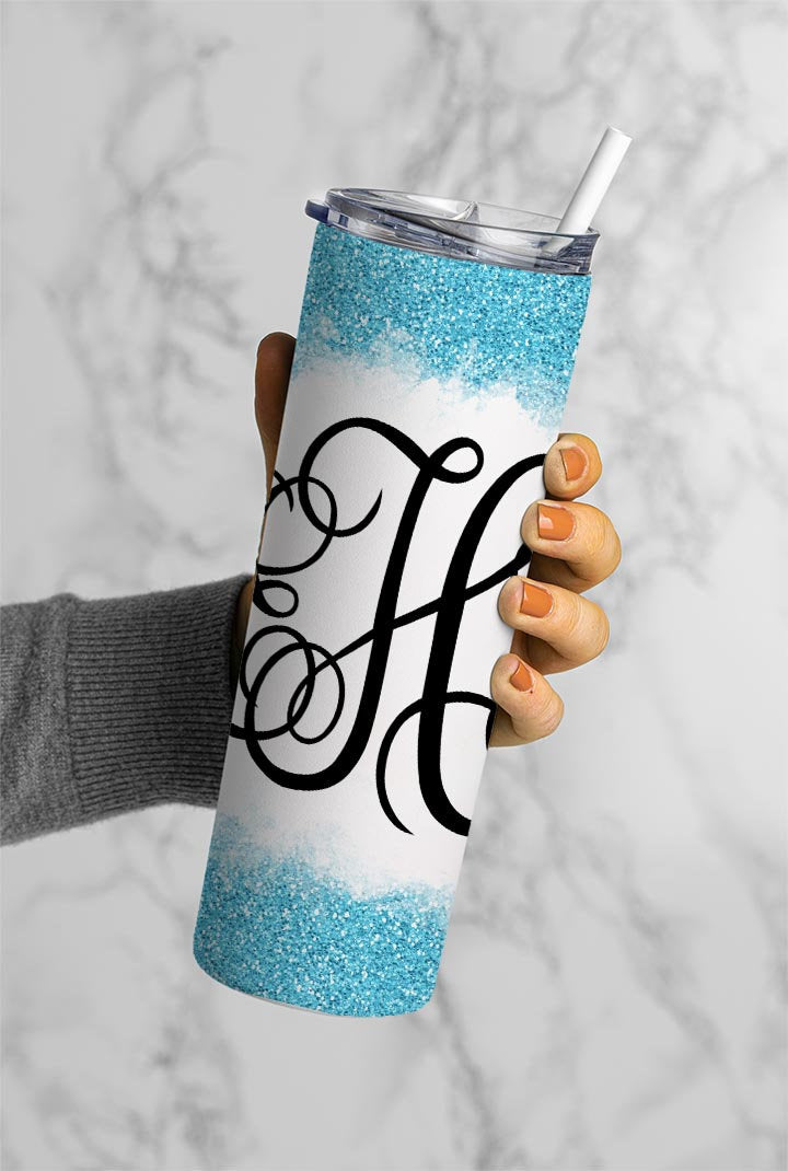 EDITABLE Blue Monogram 20oz Straight Tumbler Wrap Designs, Make Your Own Custom Peronalized Design, Glitter Easy Canva Tempalte