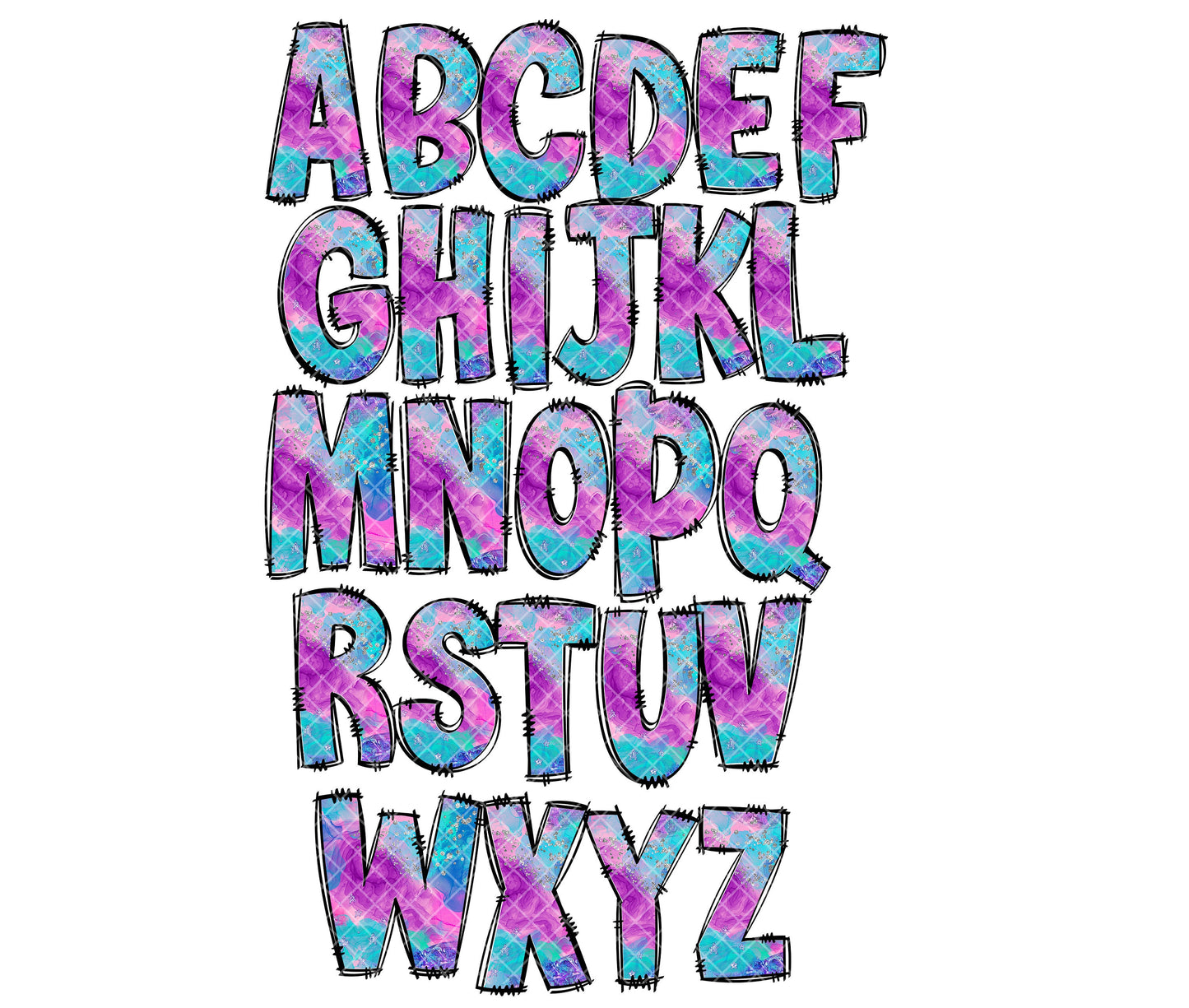 Pink Purple Blue Glitter Abstract Alphabet Letters PNG Bundle, Alcohol Ink, Hand Drawn Doodle, Sublimation Alpha Set Designs PNG