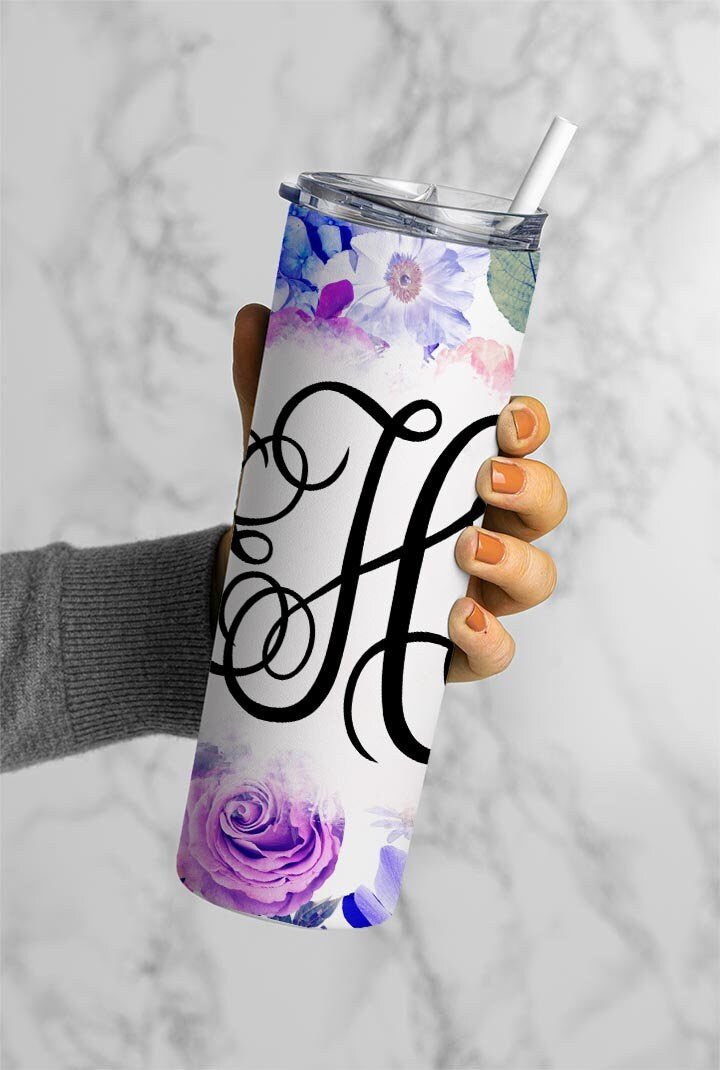 EDITABLE Flowers Monogram 20oz Straight Tumbler Wrap Designs, Make Your Own Custom Peronalized Design, Watercolor Floral Easy Canva Tempalte