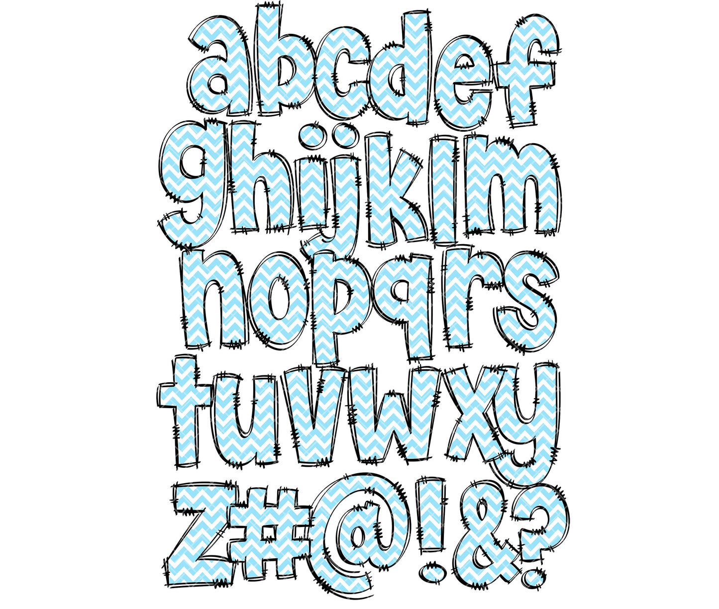 Baby Blue Chevron Doodle letters, Hand Drawn Doodle Alpha Bundle, Sublimation Font PNG, Patterned Numbers & Alphabet,