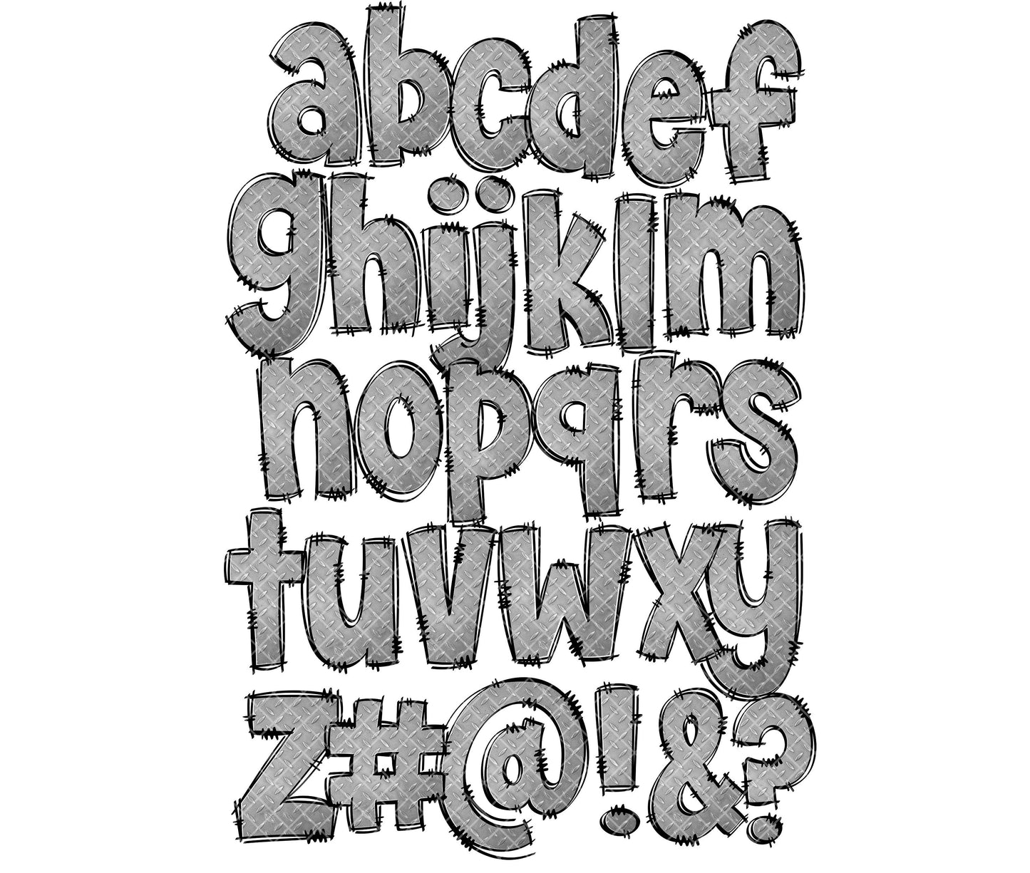 Steel Metal Doodle letters, Hand Drawn Doodle Alpha Bundle Patterned Numbers & Alphabet Doodle Set Sublimation Font PNG