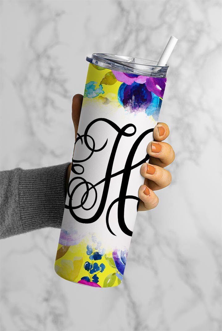 EDITABLE Floral Monogram 20oz Straight Tumbler Wrap Designs, Make Your Own Custom Peronalized Design, Purple Flowers, Easy Canva Tempalte