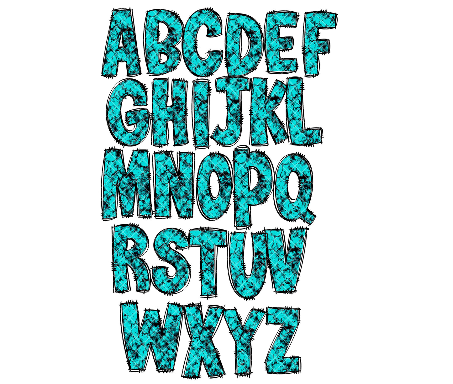 Turquoise Wester Alphabet Letters PNG Bundle, Country Rock Doodle Letters, Hand Drawn Alphabet Doodle, Sublimation Alpha Set Designs PNG