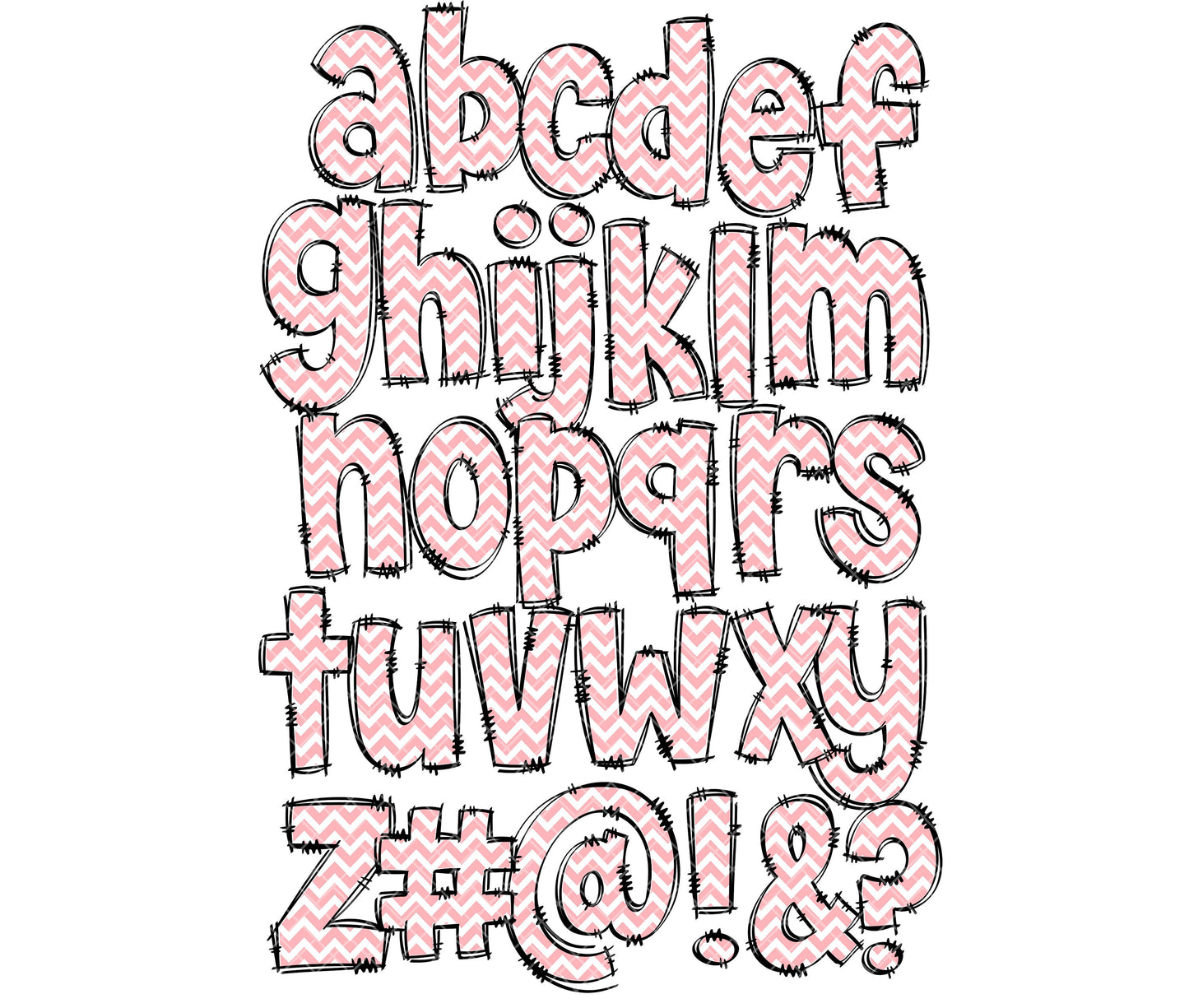 Baby Pink Chevron Doodle letters, Hand Drawn Doodle Alpha Bundle, Sublimation Font PNG, Patterned Numbers & Alphabet,