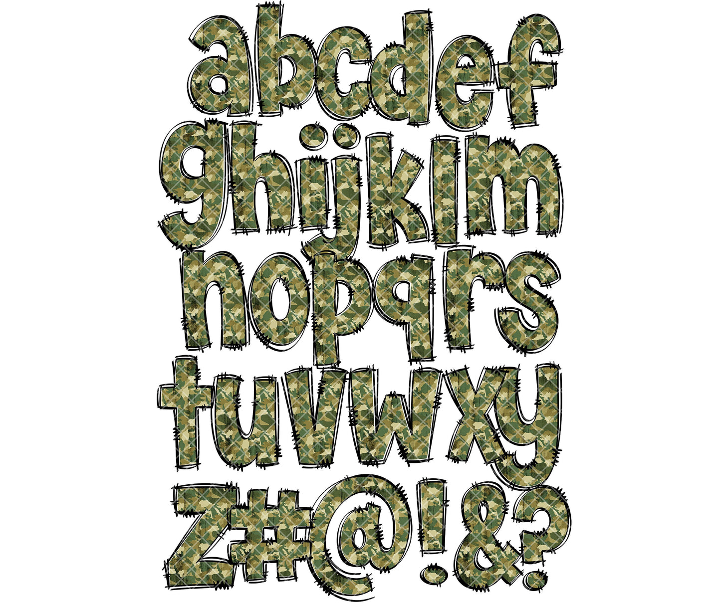 Camo Doodle letters, Hand Drawn Doodle Alpha Bundle Patterned Numbers & Alphabet Doodle Set Sublimation Font PNG