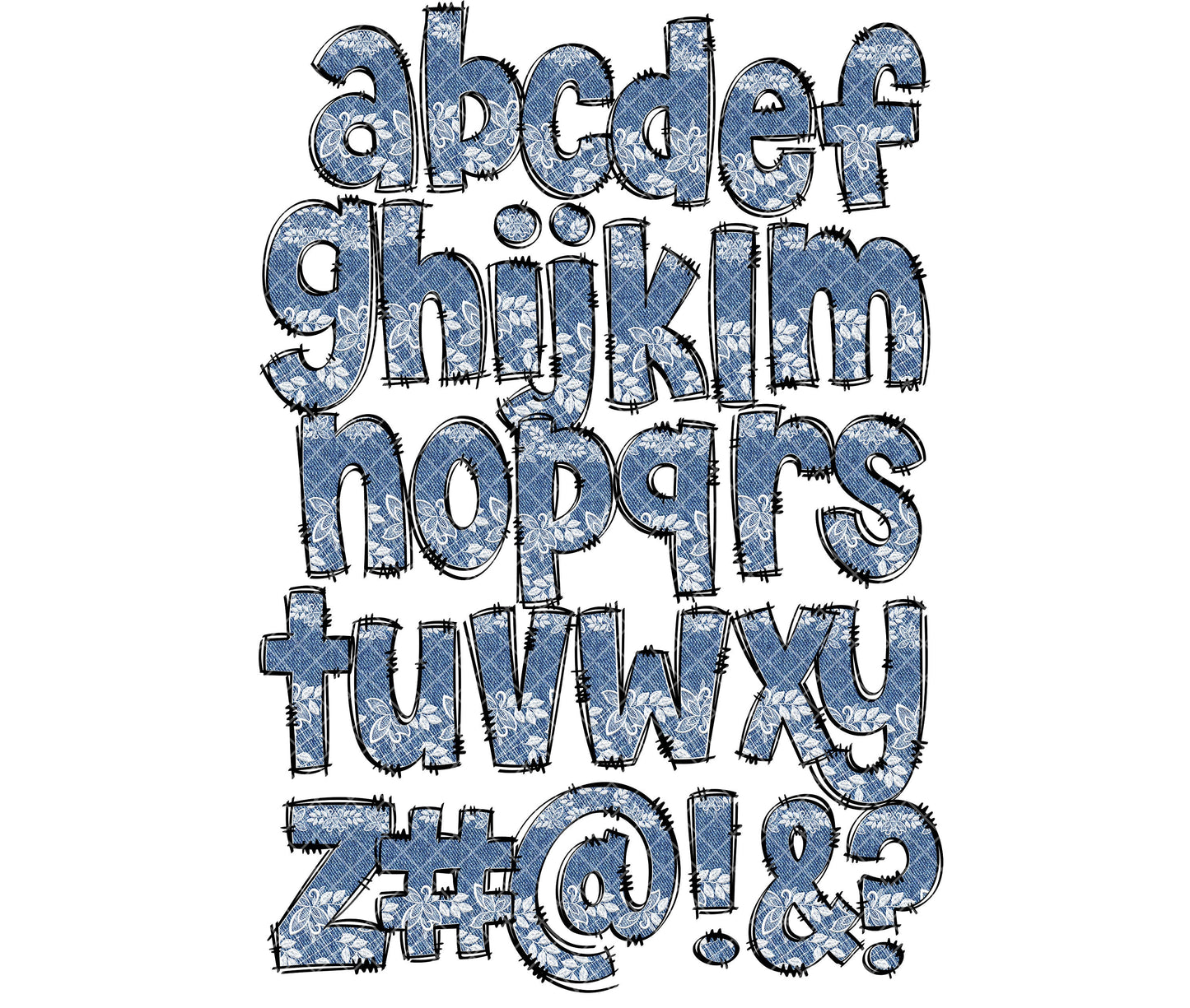 Denim Lace Doodle letters, Hand Drawn Doodle Alpha Bundle Patterned Numbers & Alphabet Doodle Set Sublimation Font PNG