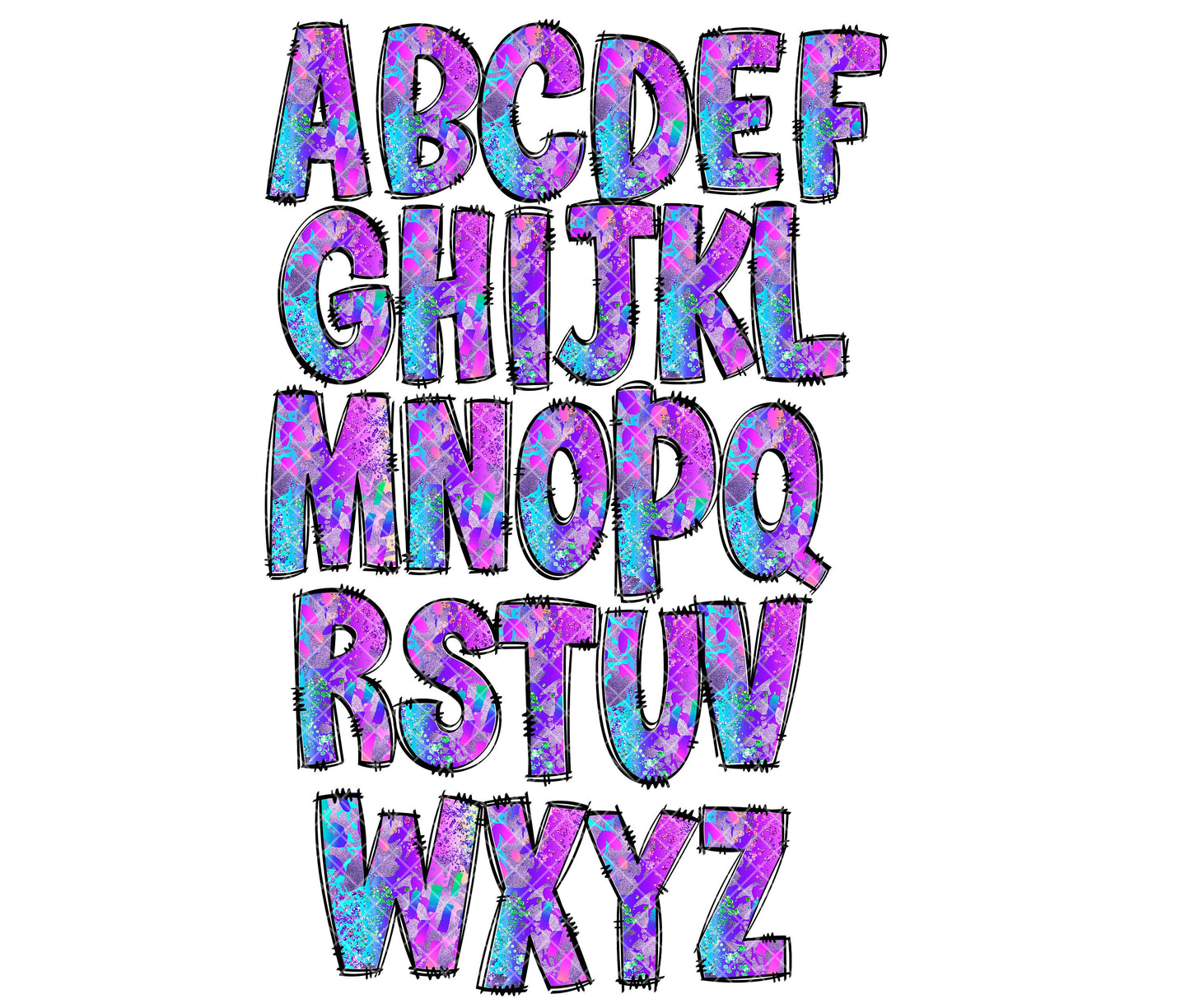 Neon Abstract Alphabet Letters PNG Bundle, Alcohol Ink, Hand Drawn Doodle, Sublimation Alpha Set Designs PNG