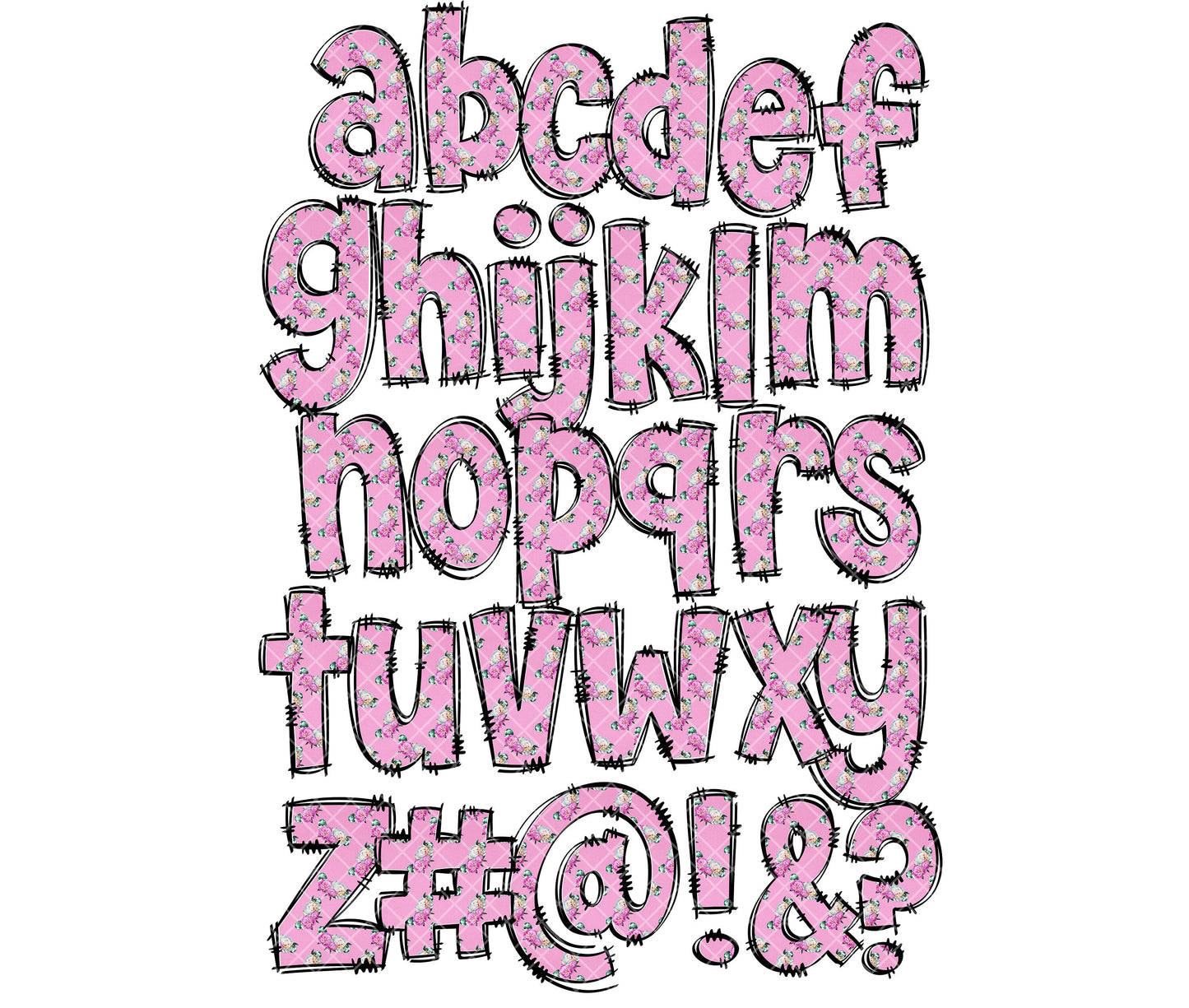 Pink Floral Doodle letters, Hand Drawn Doodle Alpha Bundle Patterned Numbers & Alphabet Doodle Set Sublimation Font PNG