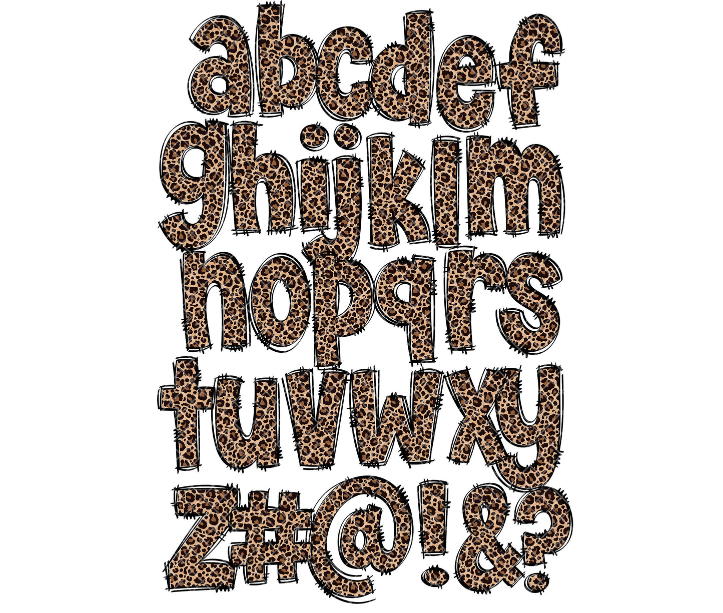 Leopard Print Doodle letters, Hand Drawn Doodle Alpha Bundle, Sublimation Font PNG, Patterned Numbers & Alphabet,