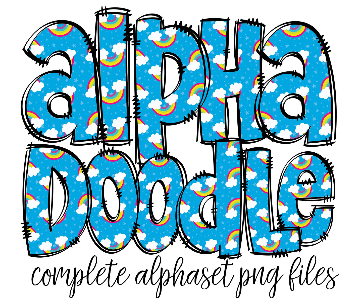 Bright Rainbow Alphabet Letters PNG Bundle, Unicorn Doodle Letters, Hand Drawn Alphabet Doodle, Sublimation Girls Alpha Set Designs PNG