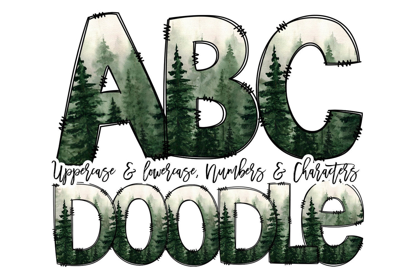 Camping Doodle letters, Woodland Animals Forrest Hand Drawn Doodle Alpha Bundle Patterned Numbers & Alphabet Doodle Set Sublimation Font PNG