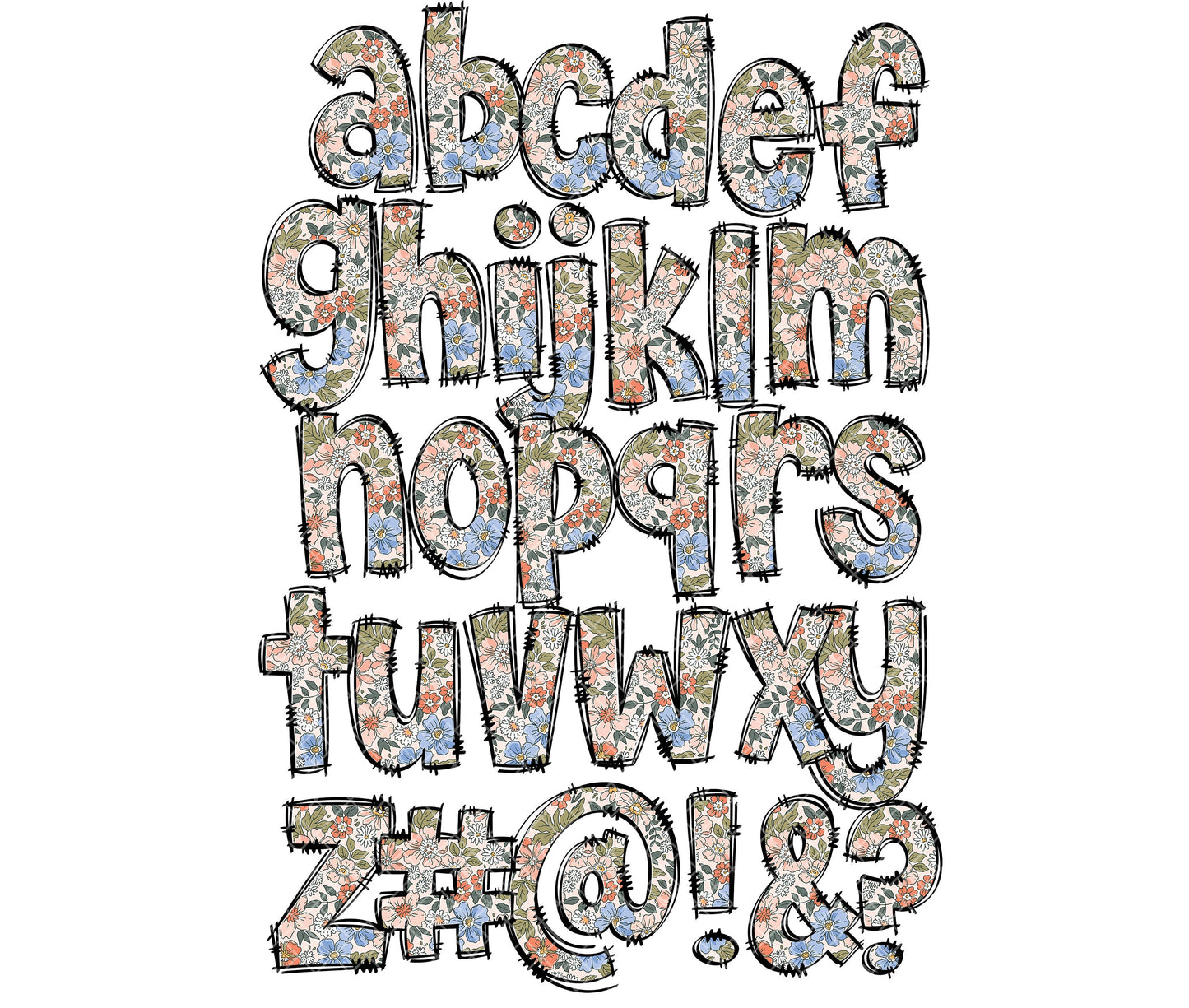 Retro Boho Floral Doodle letters, Hand Drawn Doodle Alpha Bundle Patterned Numbers & Alphabet Doodle Set Sublimation Font PNG