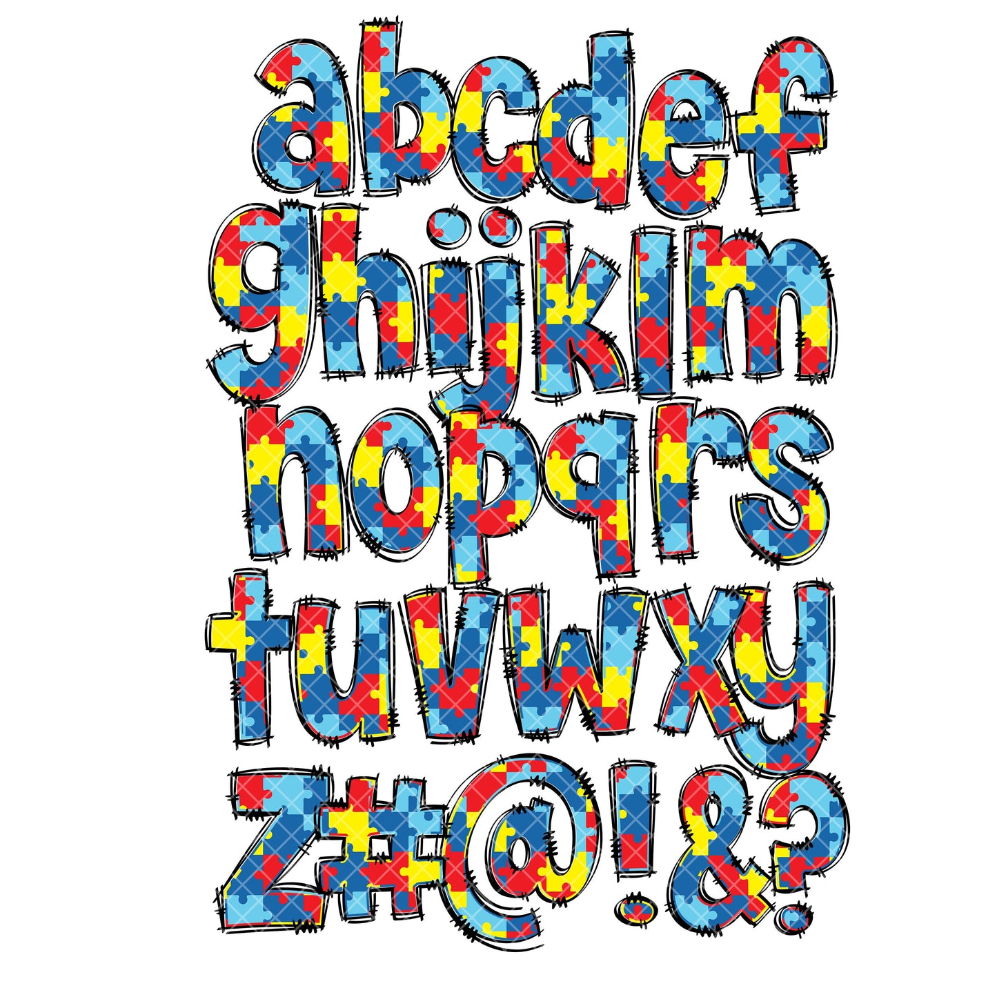 Autism Doodle Alphabet Letters PNG Bundle, Autistic Awareness, Autism Mom, Design Hand Drawn Doodle, Sublimation Alpha Set Designs PNG