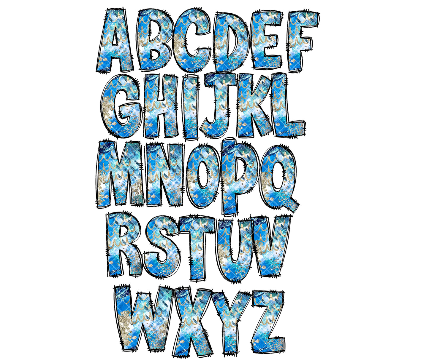 Gold Glitter Blue Alphabet Letters PNG Bundle, Abstract, Hand Drawn Doodle, Sublimation Alpha Set Designs PNG