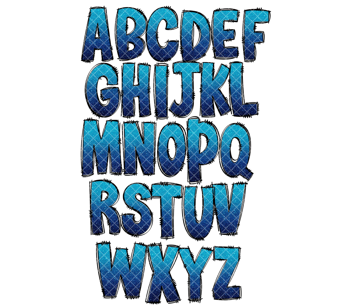 Ombre Blue Glitter Alphabet Letters PNG Bundle, Alcohol Ink, Hand Drawn Doodle, Sublimation Alpha Set Designs PNG