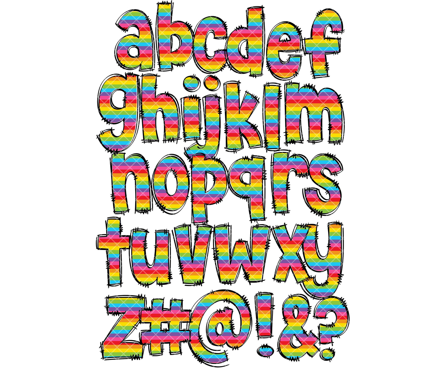 Rainbow Stripes Doodle letters, Hand Drawn Doodle Alpha Bundle Patterned Numbers & Alphabet Doodle Set Sublimation Font PNG