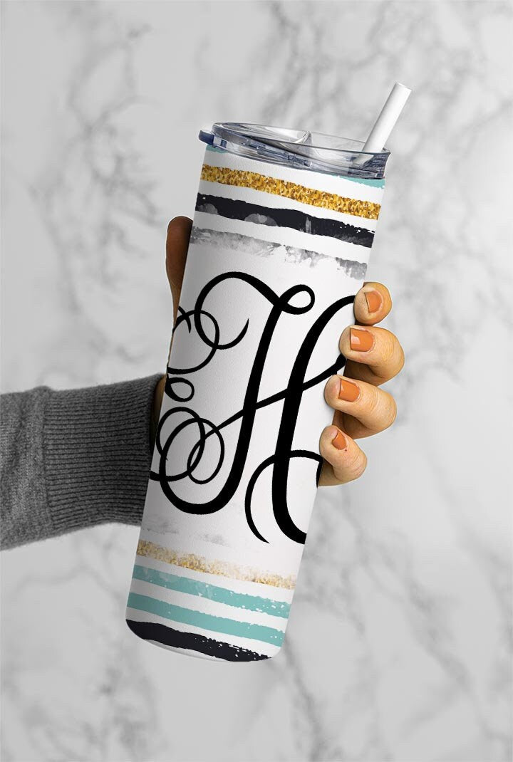 EDITABLE Gold Monogram 20oz Straight Tumbler Wrap Designs, Make Your Own Custom Peronalized Design, Blue Stripes Easy Canva Tempalte