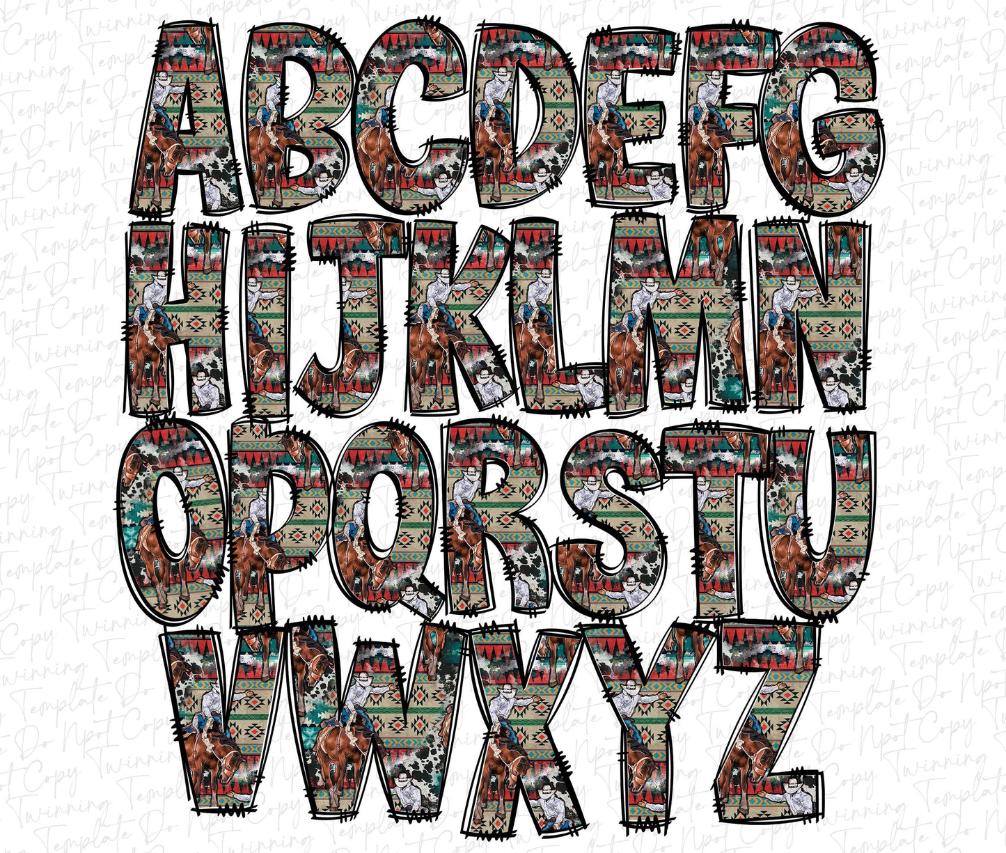 Horse Western Doodle letters, Hand Drawn Doodle Alpha Bundle Patterned Numbers & Alphabet Doodle Set Sublimation Font PNG