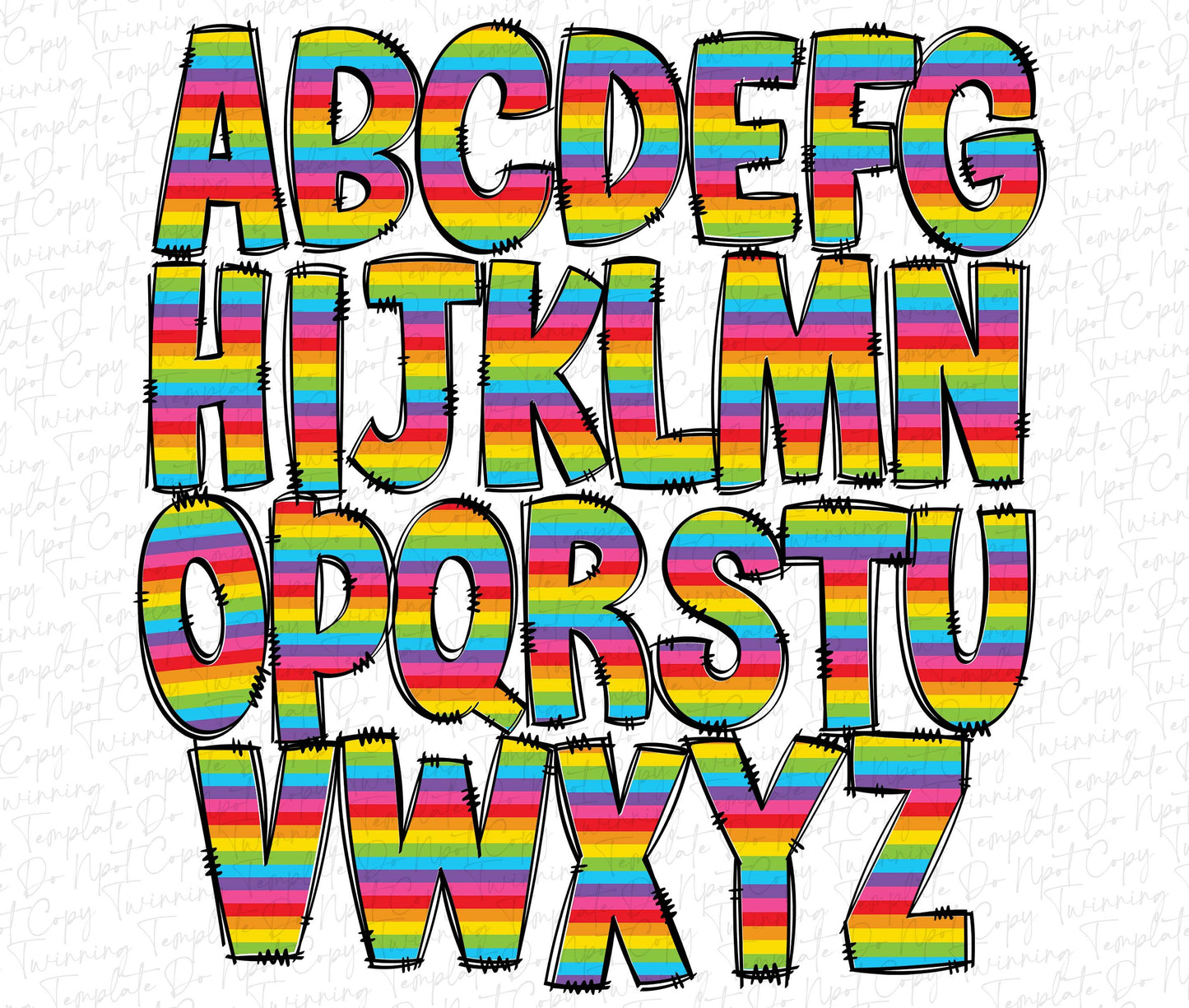 Rainbow Stripes Doodle letters, Hand Drawn Doodle Alpha Bundle Patterned Numbers & Alphabet Doodle Set Sublimation Font PNG