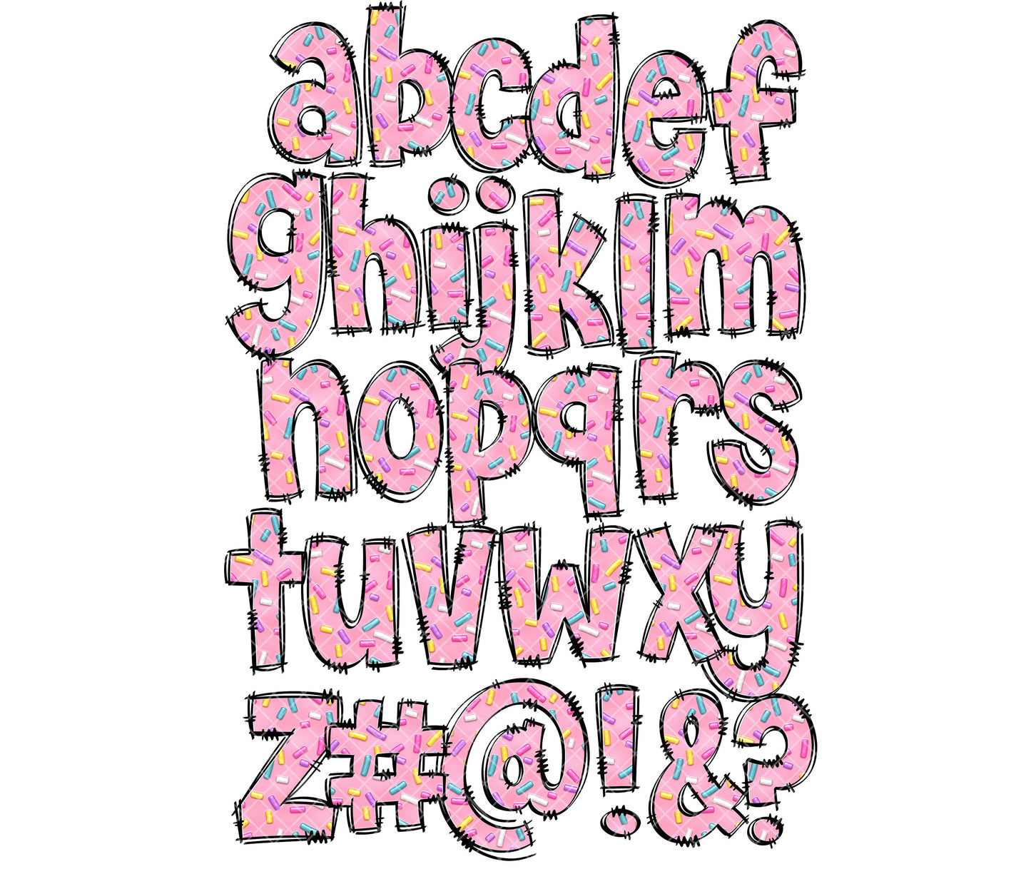 Sprinkles Alphabet Letters PNG Bundle, Rainbow Magical Donut Hand Drawn Alphabet Doodle, Sublimation Alpha Set Designs PNG