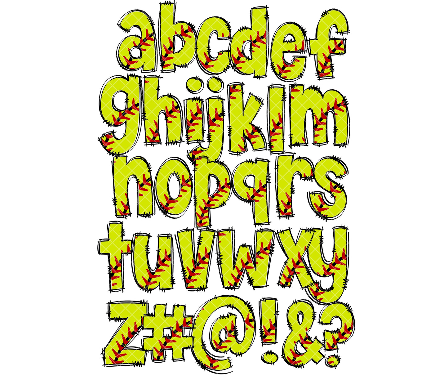 Softball Alphabet Letters PNG Bundle, Soft Ball Sports Doodle Letters, Hand Drawn Alphabet Doodle, Sublimation Alpha Set Designs PNG