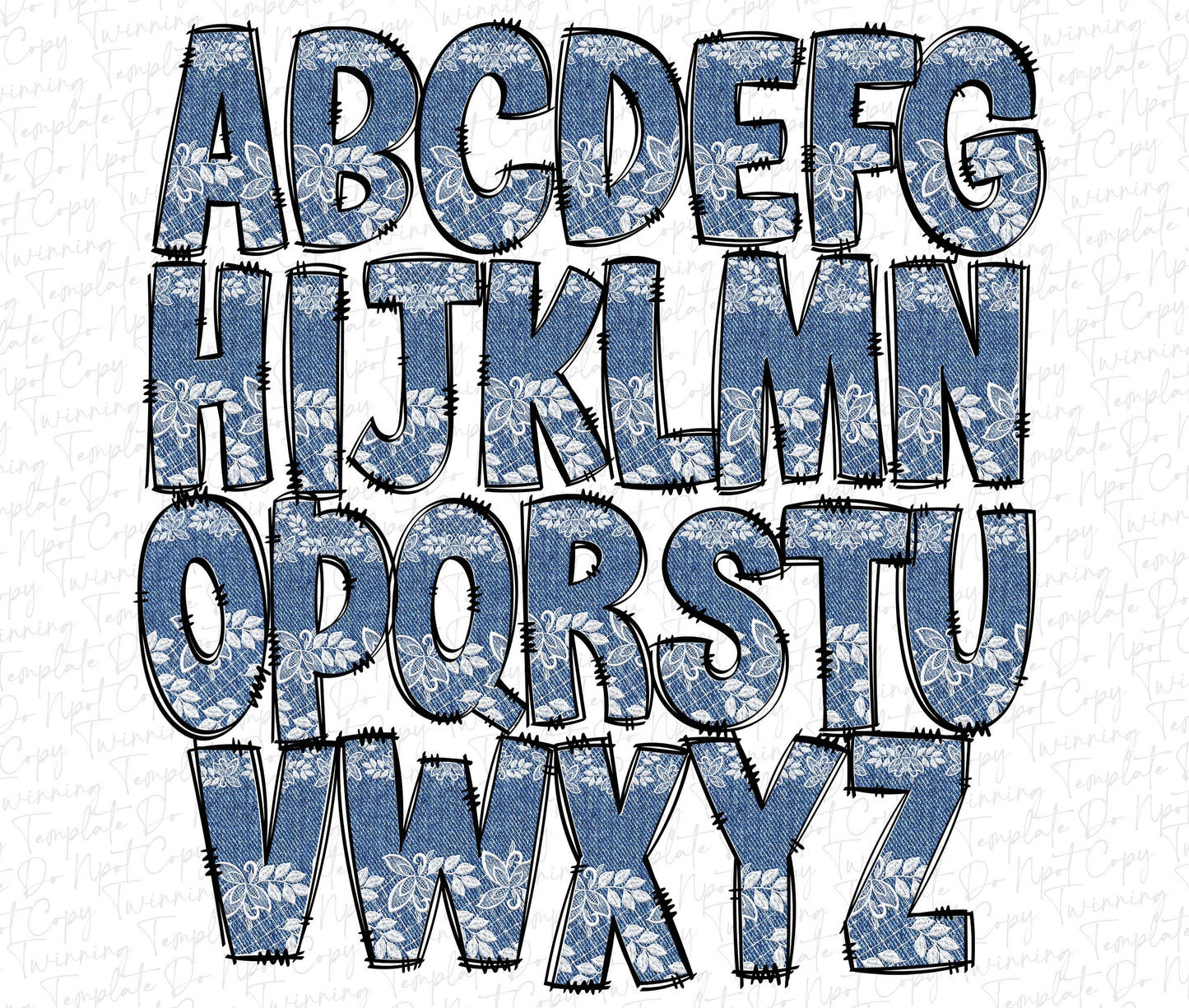 Denim Lace Doodle letters, Hand Drawn Doodle Alpha Bundle Patterned Numbers & Alphabet Doodle Set Sublimation Font PNG