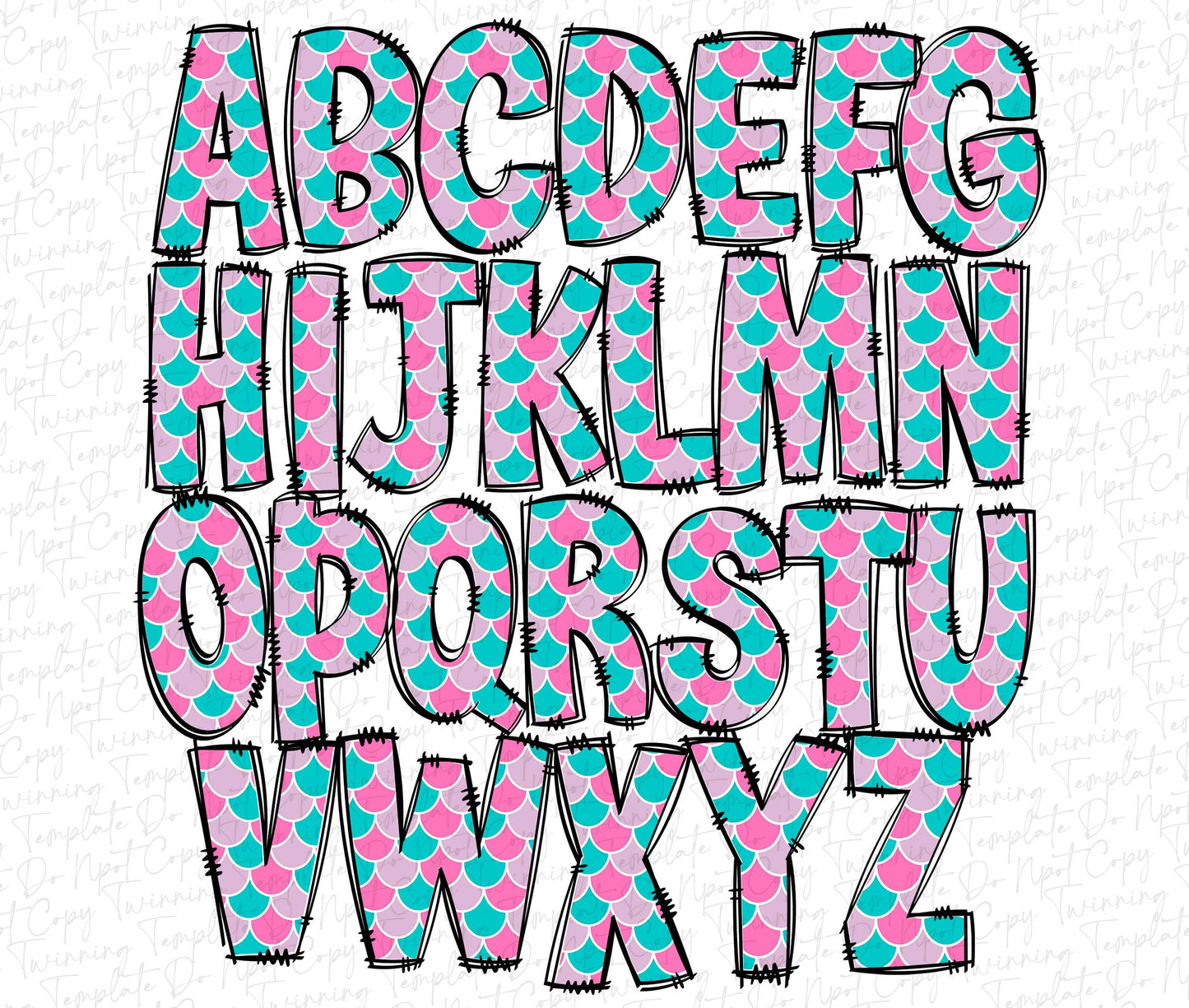 Mermaid Doodle letters, Hand Drawn Doodle Alpha Bundle Patterned Numbers & Alphabet Doodle Set Sublimation Font PNG