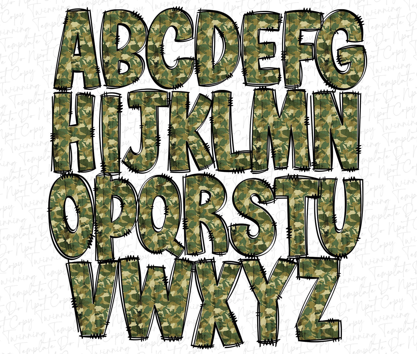 Camo Doodle letters, Hand Drawn Doodle Alpha Bundle Patterned Numbers & Alphabet Doodle Set Sublimation Font PNG