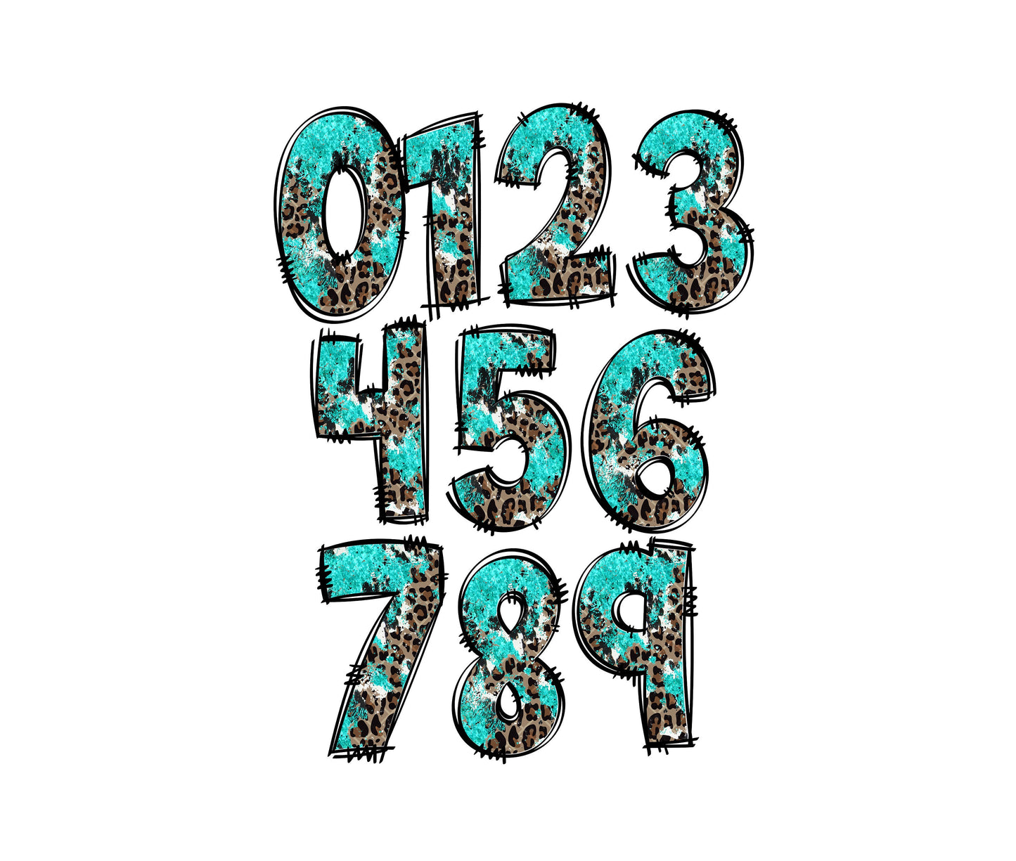 Turquoise Western Alphabet Letters PNG Bundle, Country Leopard Print Doodle Letters, Hand Drawn Alphabet Doodle, Alpha Set Designs PNG