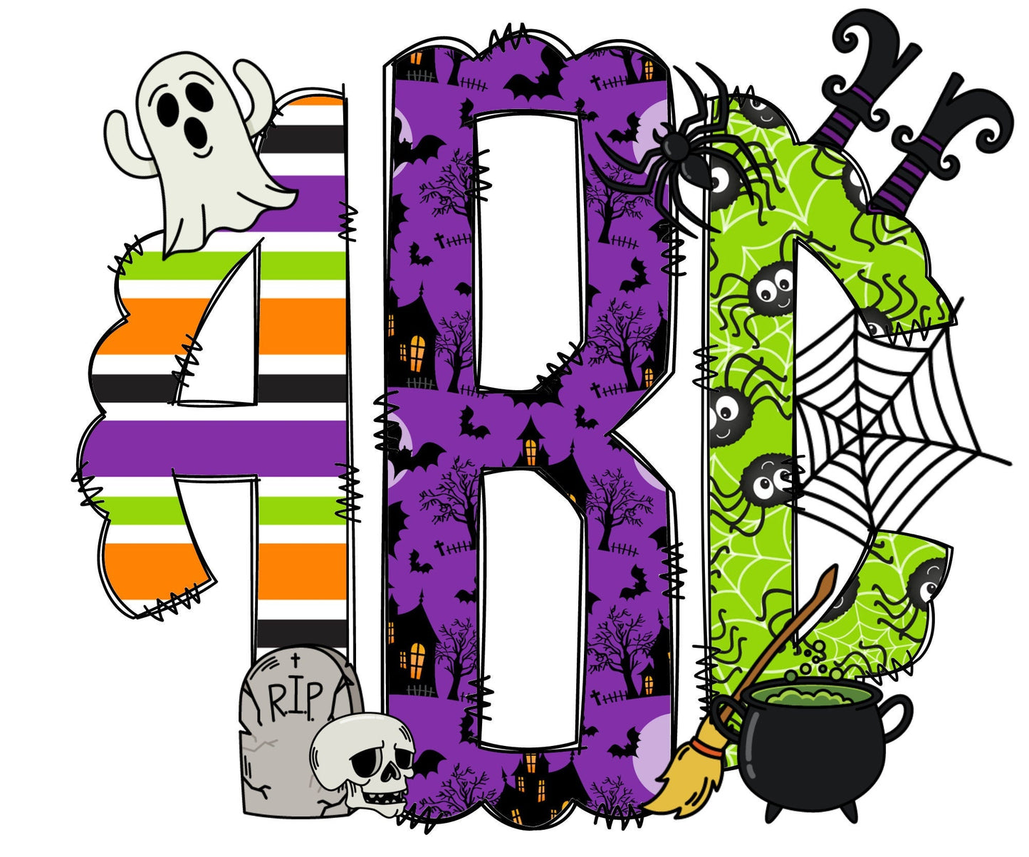 Witch Sisters Doodle Monogram Letters with Clip Art PNG, Halloween Clipart Sublimation 20oz Tumbler Design, Add Your Own Initials Customize