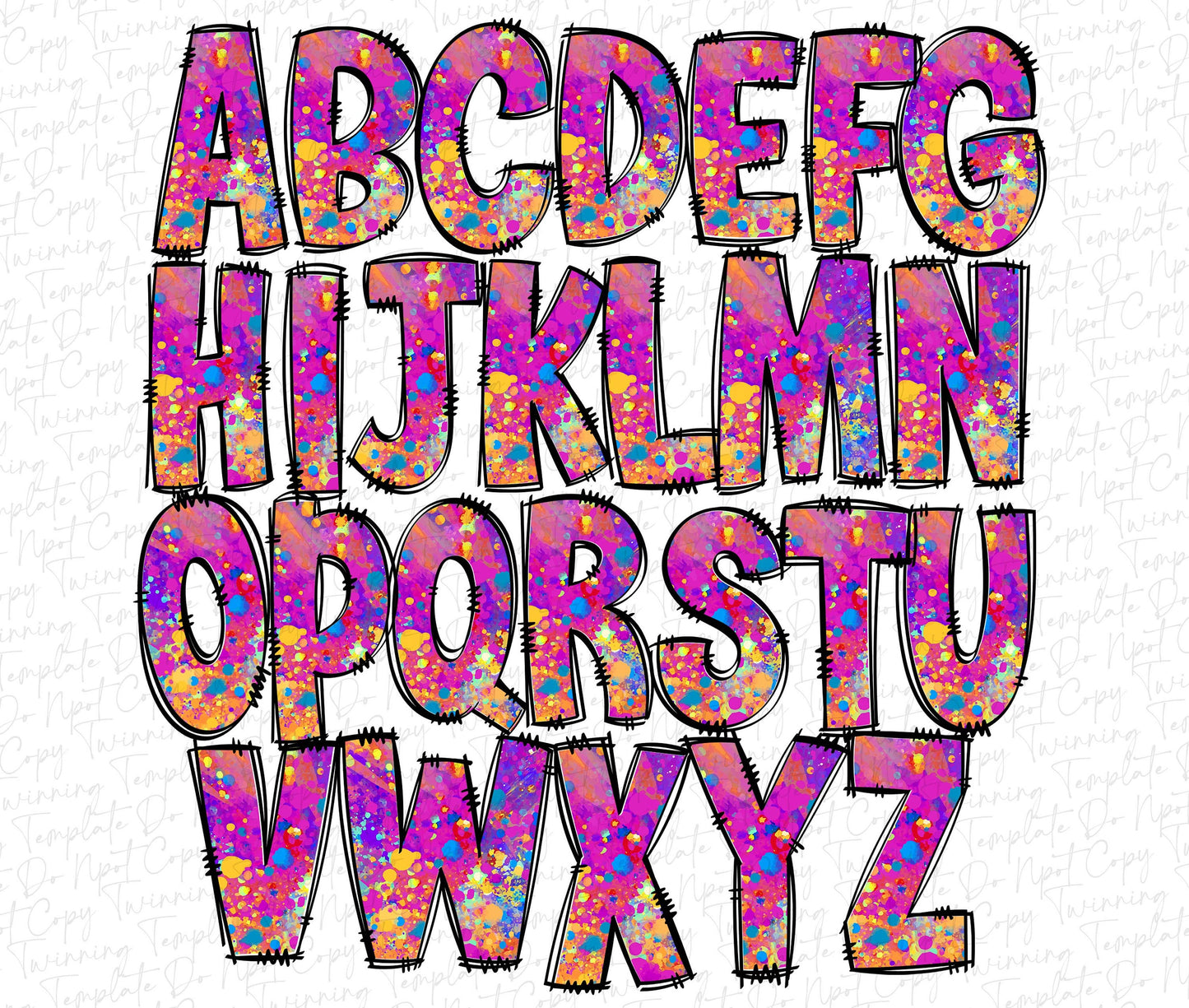 Rainbow Splatter Doodle letters, Hand Drawn Doodle Alpha Bundle Patterned Numbers & Alphabet Doodle Set Sublimation Font PNG