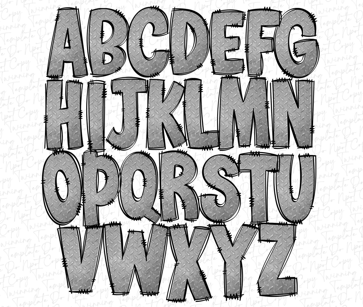 Steel Metal Doodle letters, Hand Drawn Doodle Alpha Bundle Patterned Numbers & Alphabet Doodle Set Sublimation Font PNG